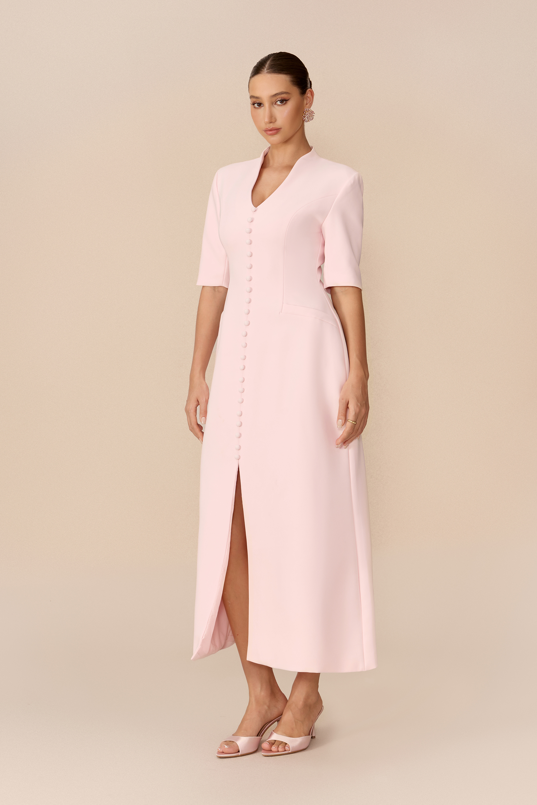 Minimal Mood Pink Stand Collar Split Maxi Dress