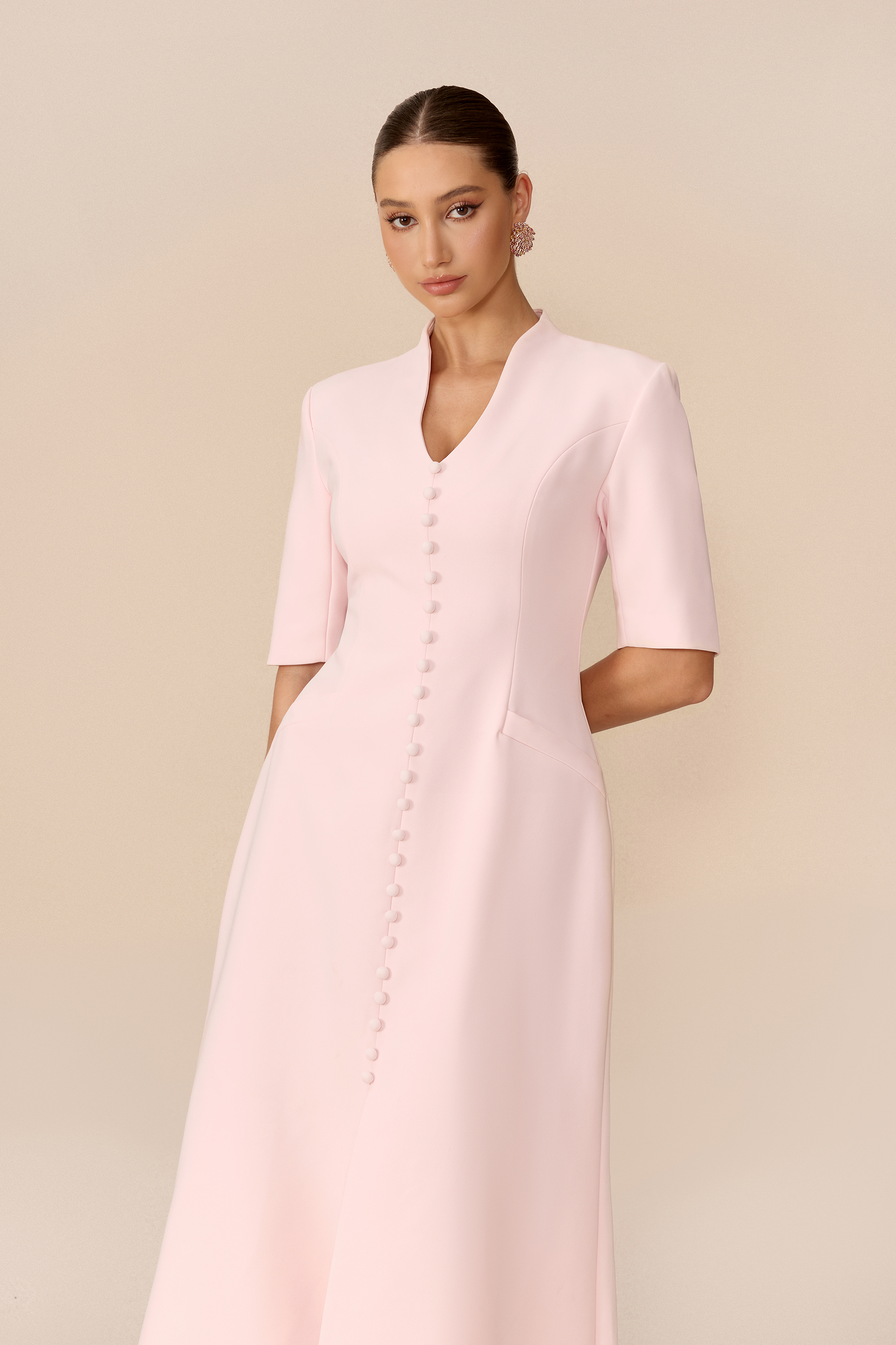 Minimal Mood Pink Stand Collar Split Maxi Dress
