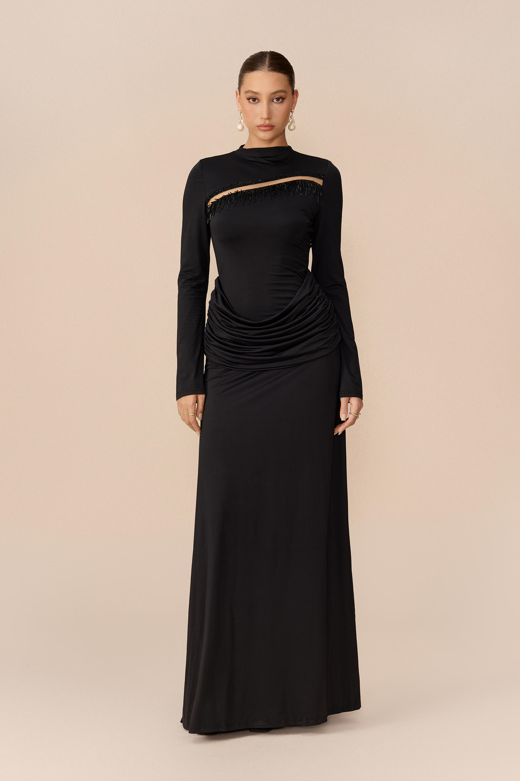 Signature Style Black Beaded Fringe Cutout Maxi Dress