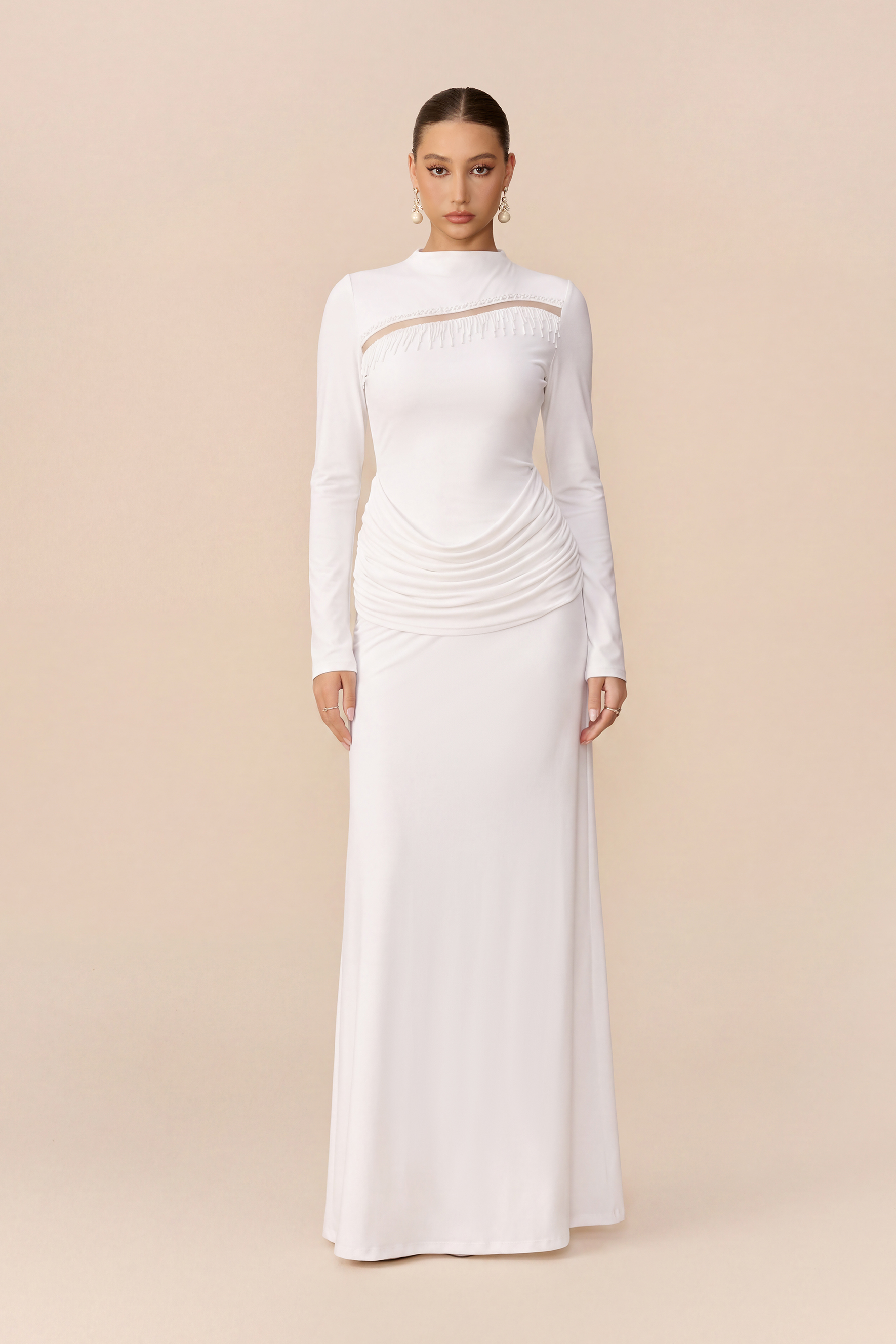 Signature Style White Beaded Fringe Cutout Maxi Dress
