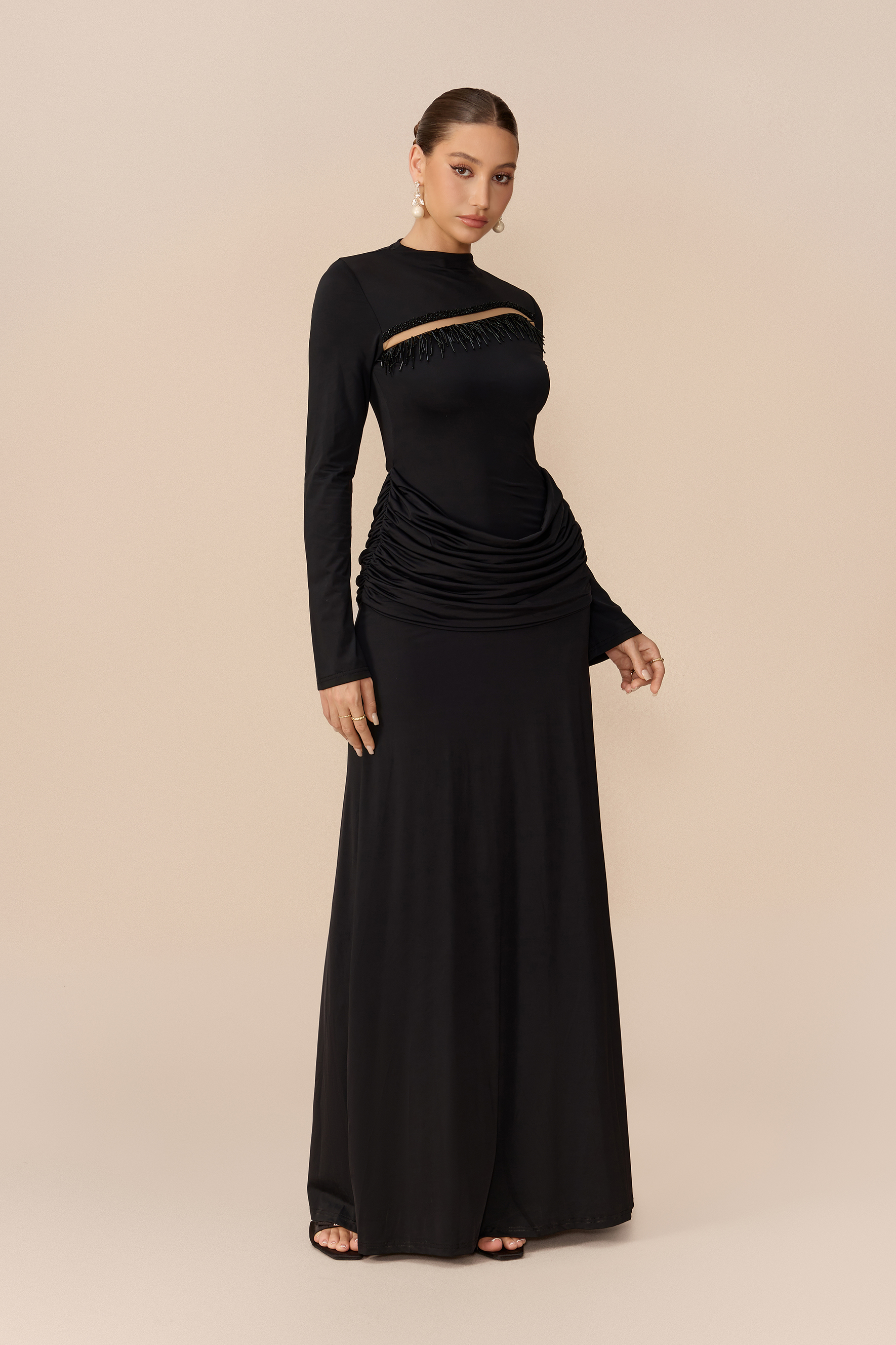 Signature Style Black Beaded Fringe Cutout Maxi Dress