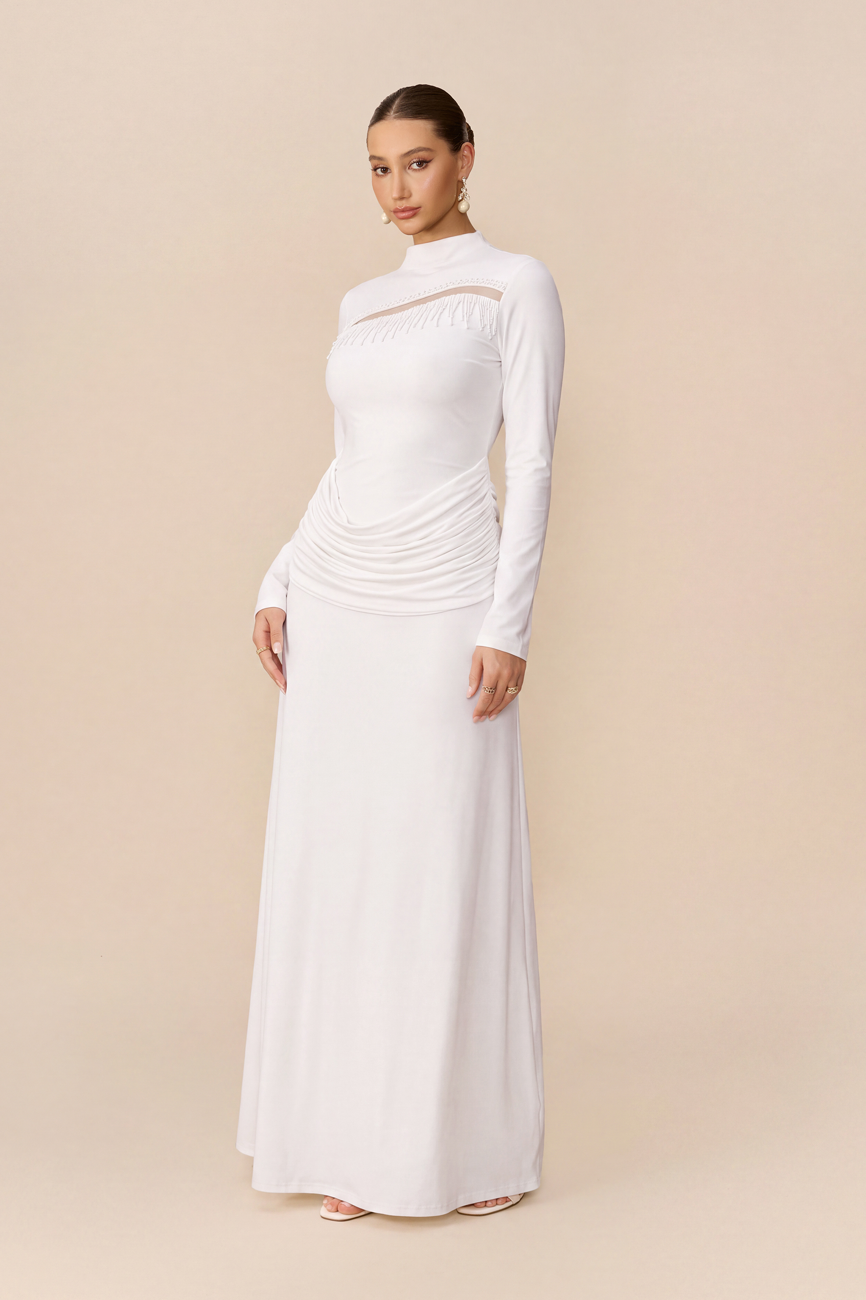 Signature Style White Beaded Fringe Cutout Maxi Dress