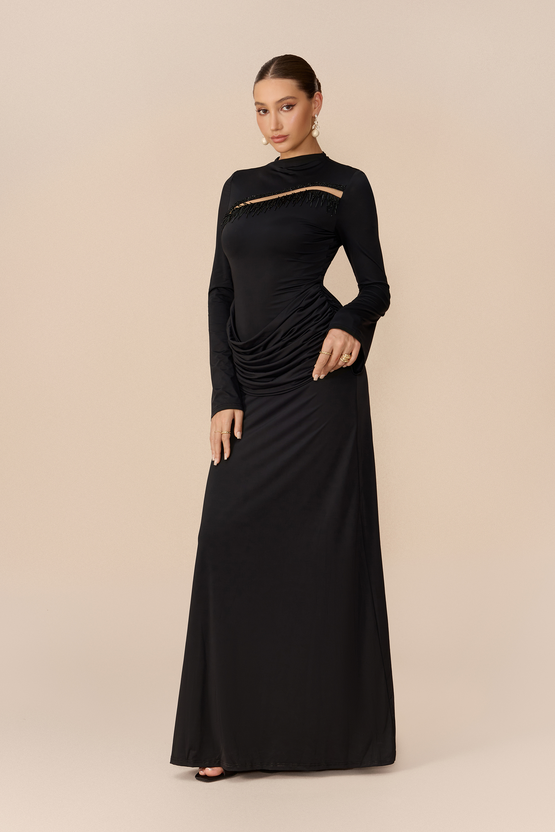 Signature Style Black Beaded Fringe Cutout Maxi Dress