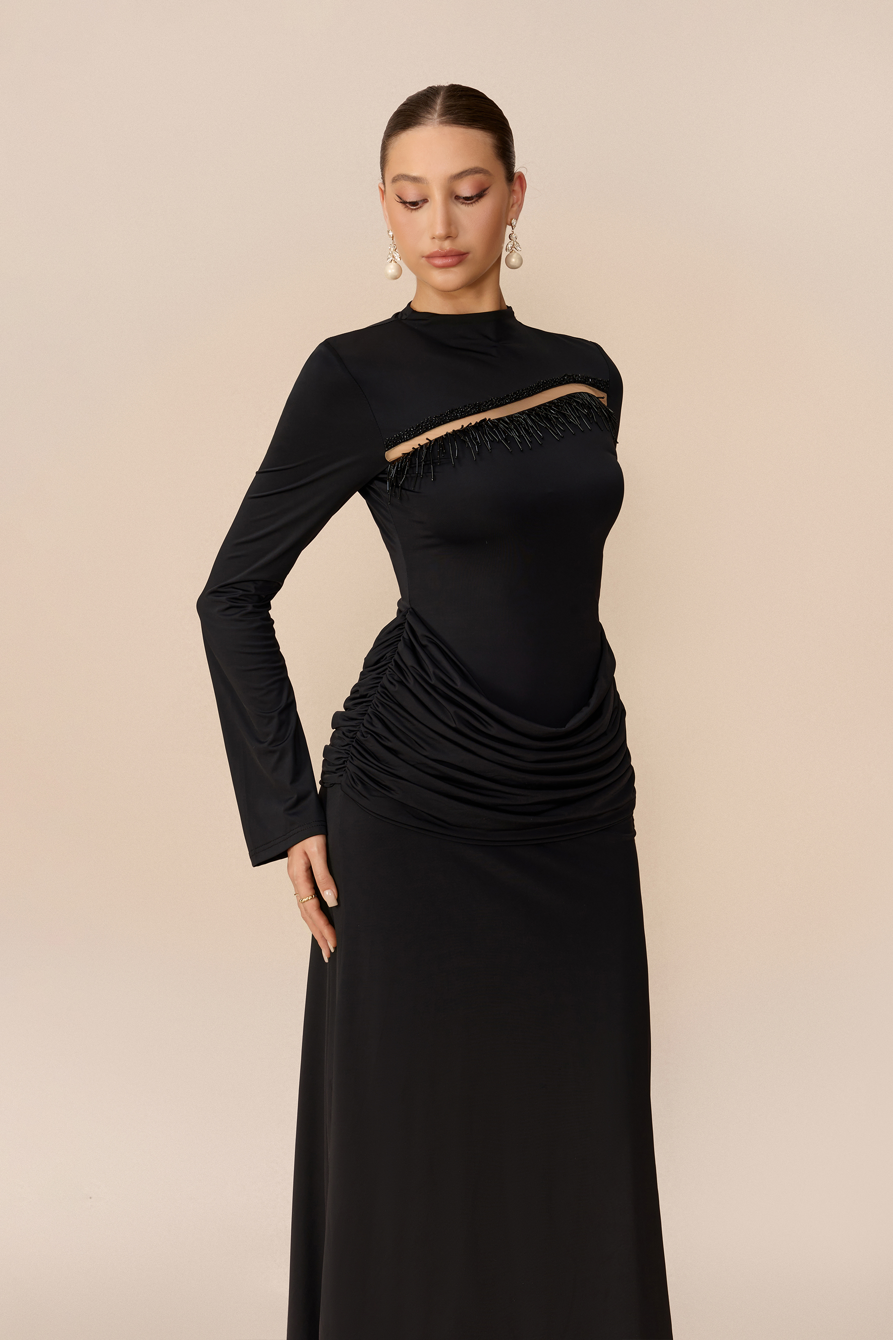 Signature Style Black Beaded Fringe Cutout Maxi Dress