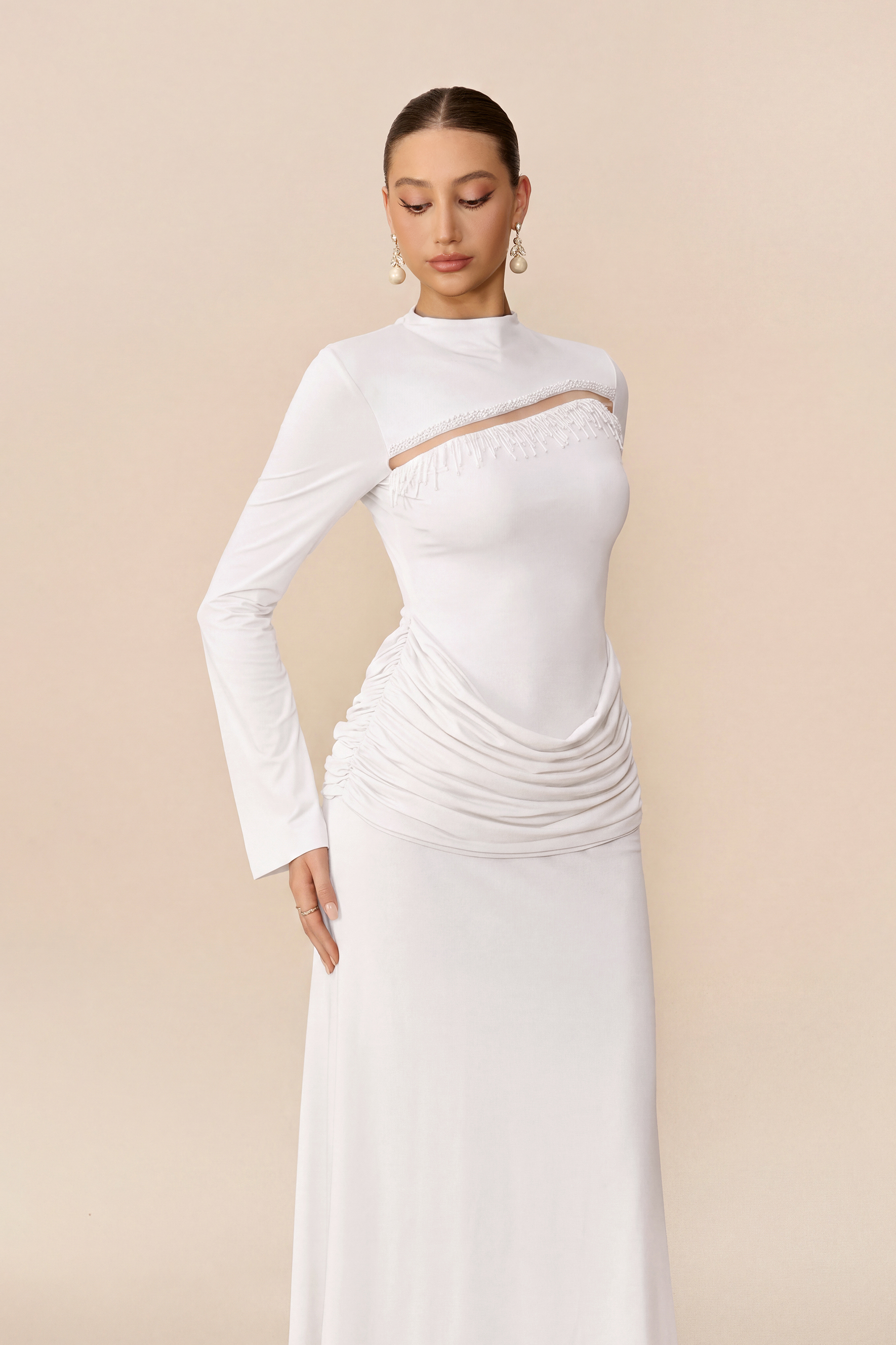 Signature Style White Beaded Fringe Cutout Maxi Dress