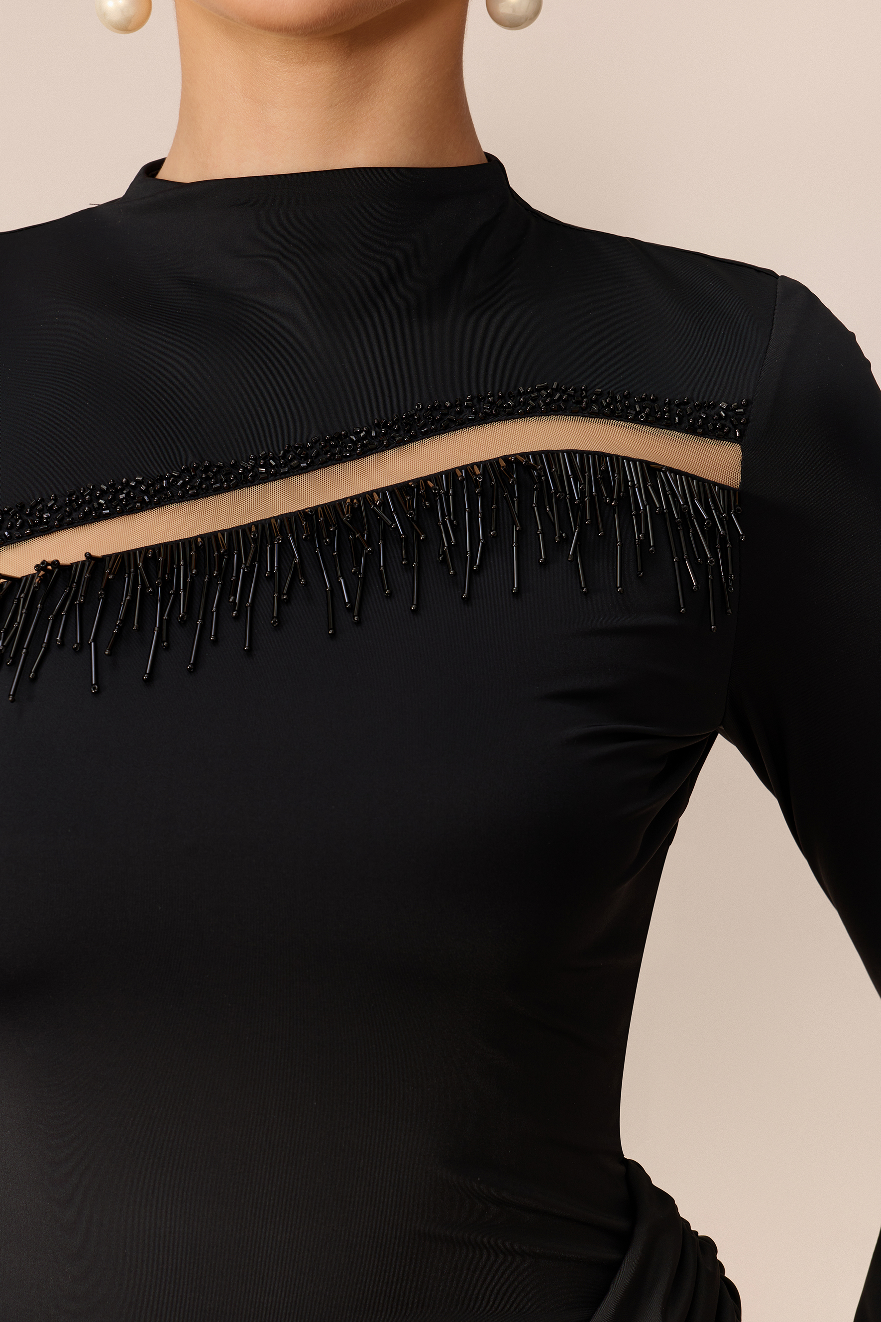 Signature Style Black Beaded Fringe Cutout Maxi Dress