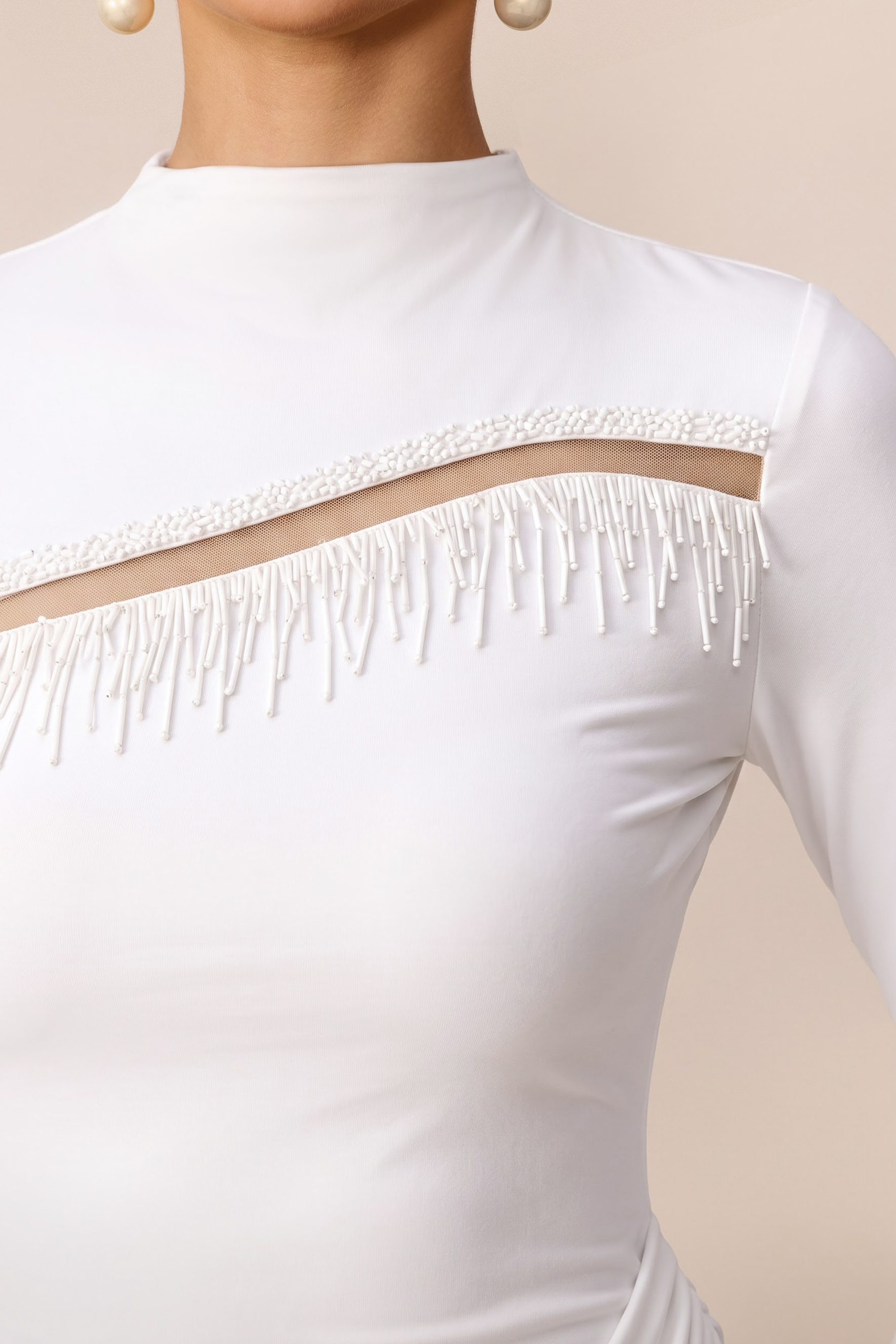 Signature Style White Beaded Fringe Cutout Maxi Dress