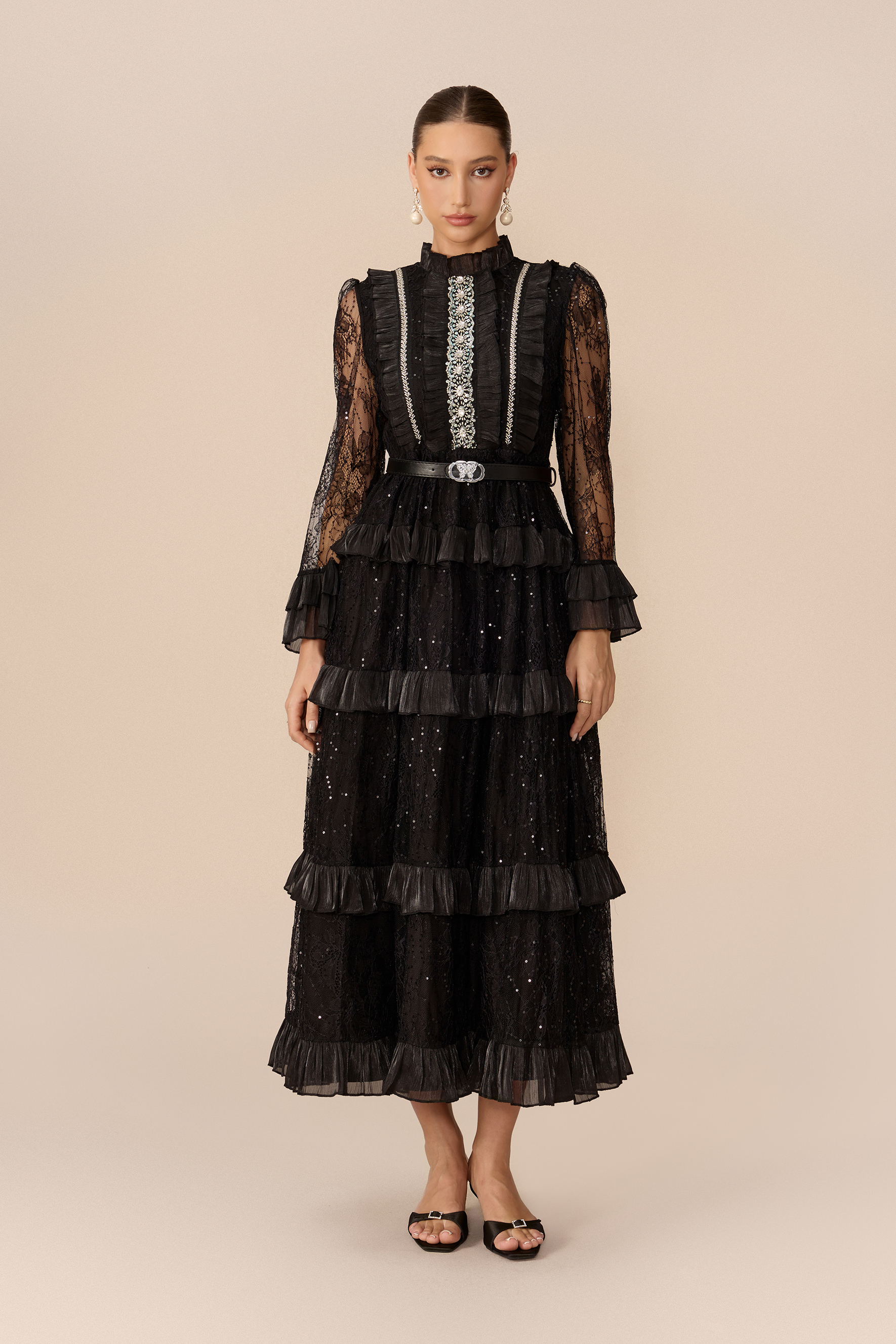 Graceful Entrance Black Embellished Lace Tiered Maxi Dress