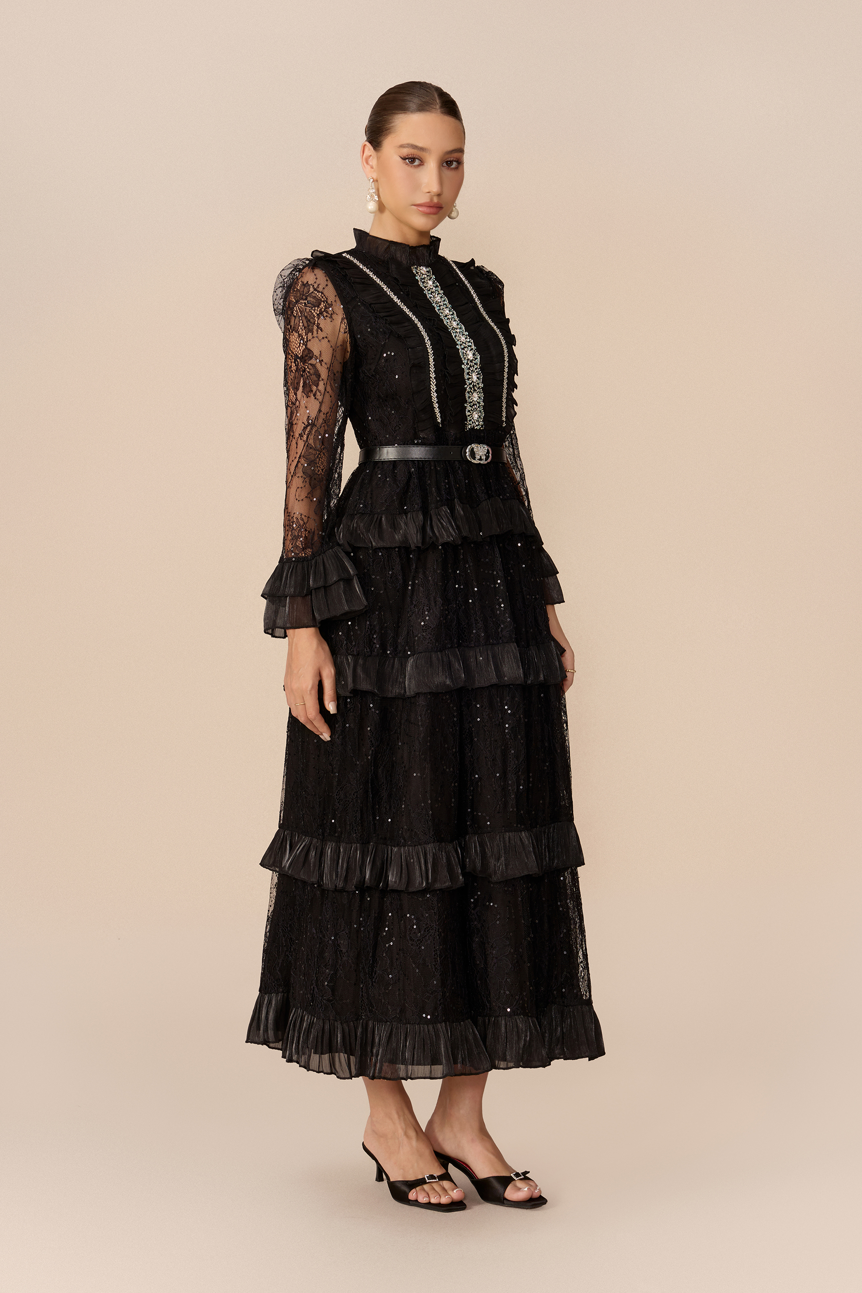 Graceful Entrance Black Embellished Lace Tiered Maxi Dress