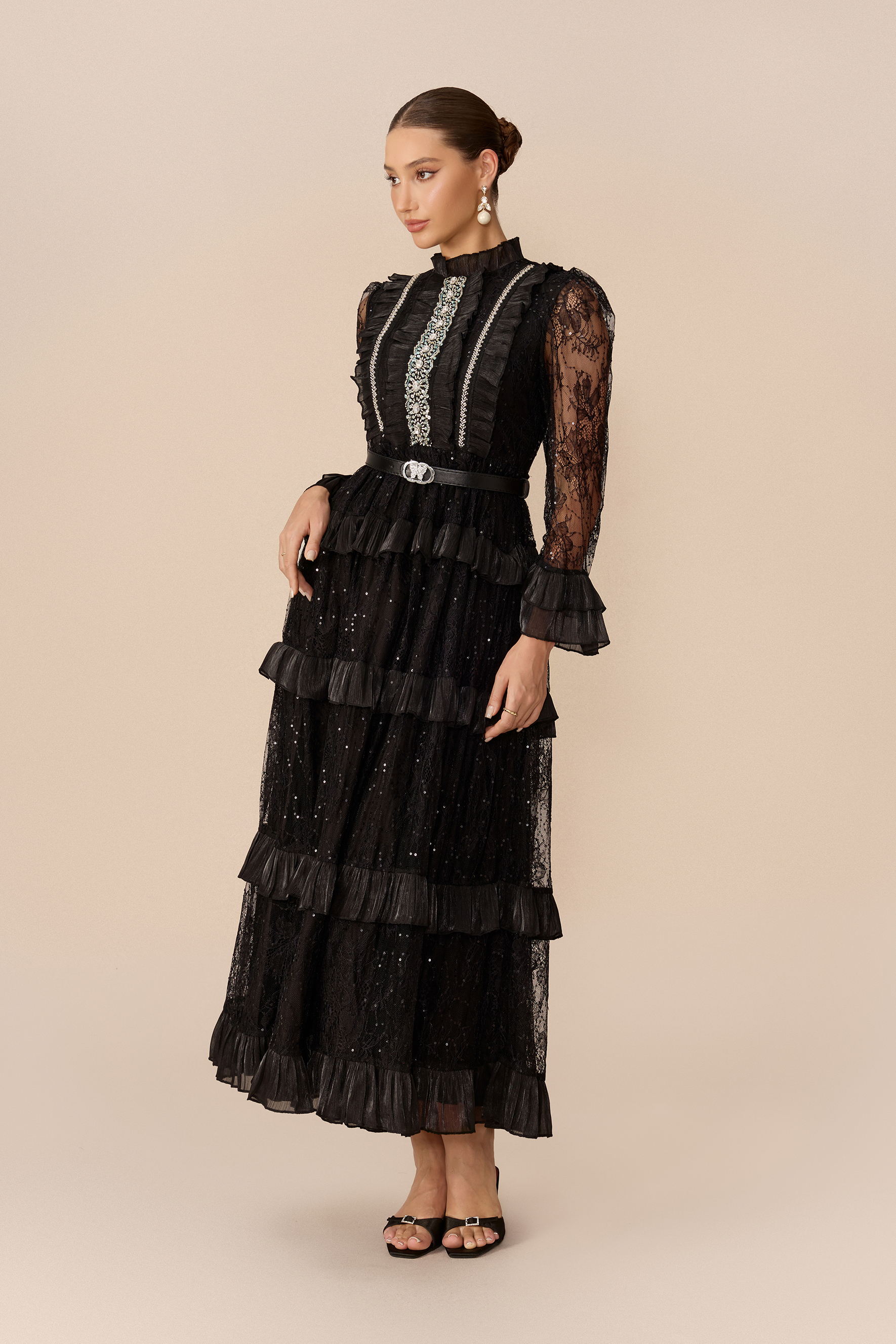 Graceful Entrance Black Embellished Lace Tiered Maxi Dress