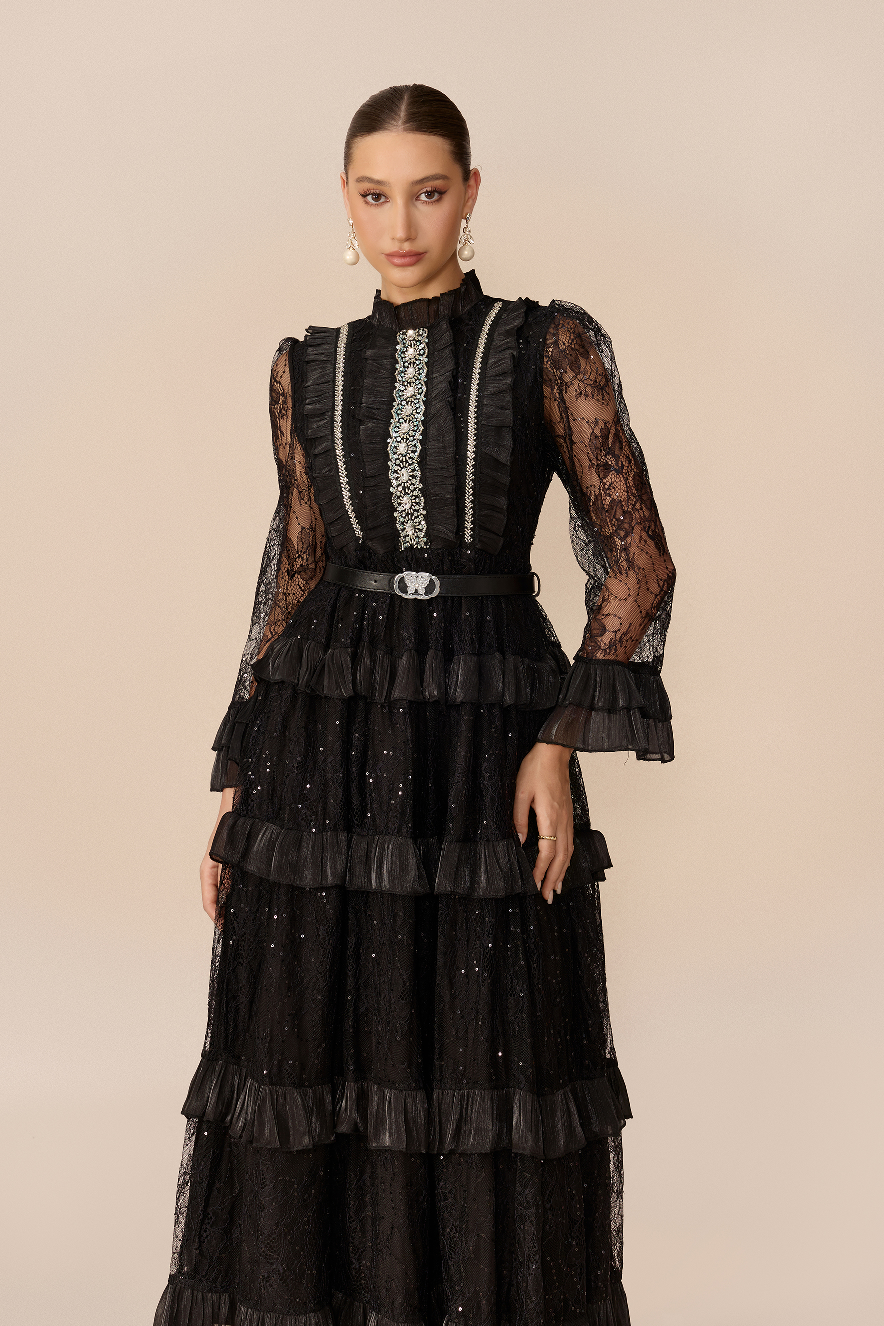 Graceful Entrance Black Embellished Lace Tiered Maxi Dress