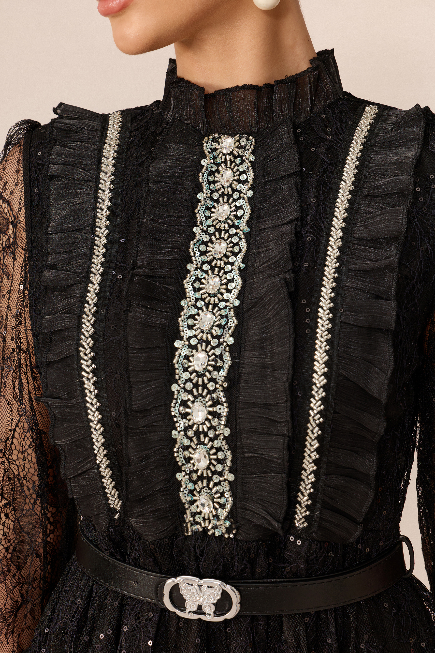Graceful Entrance Black Embellished Lace Tiered Maxi Dress
