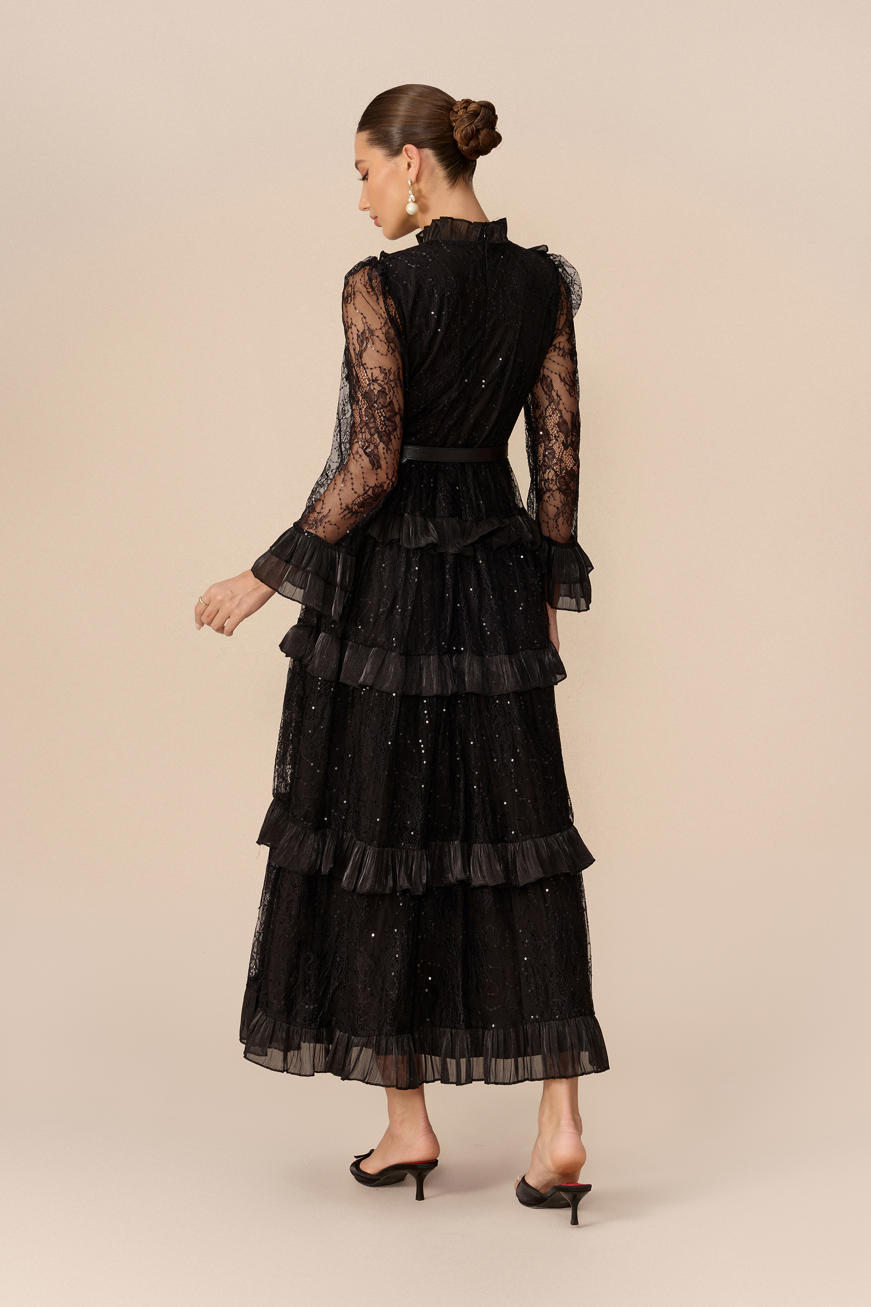 Graceful Entrance Black Embellished Lace Tiered Maxi Dress