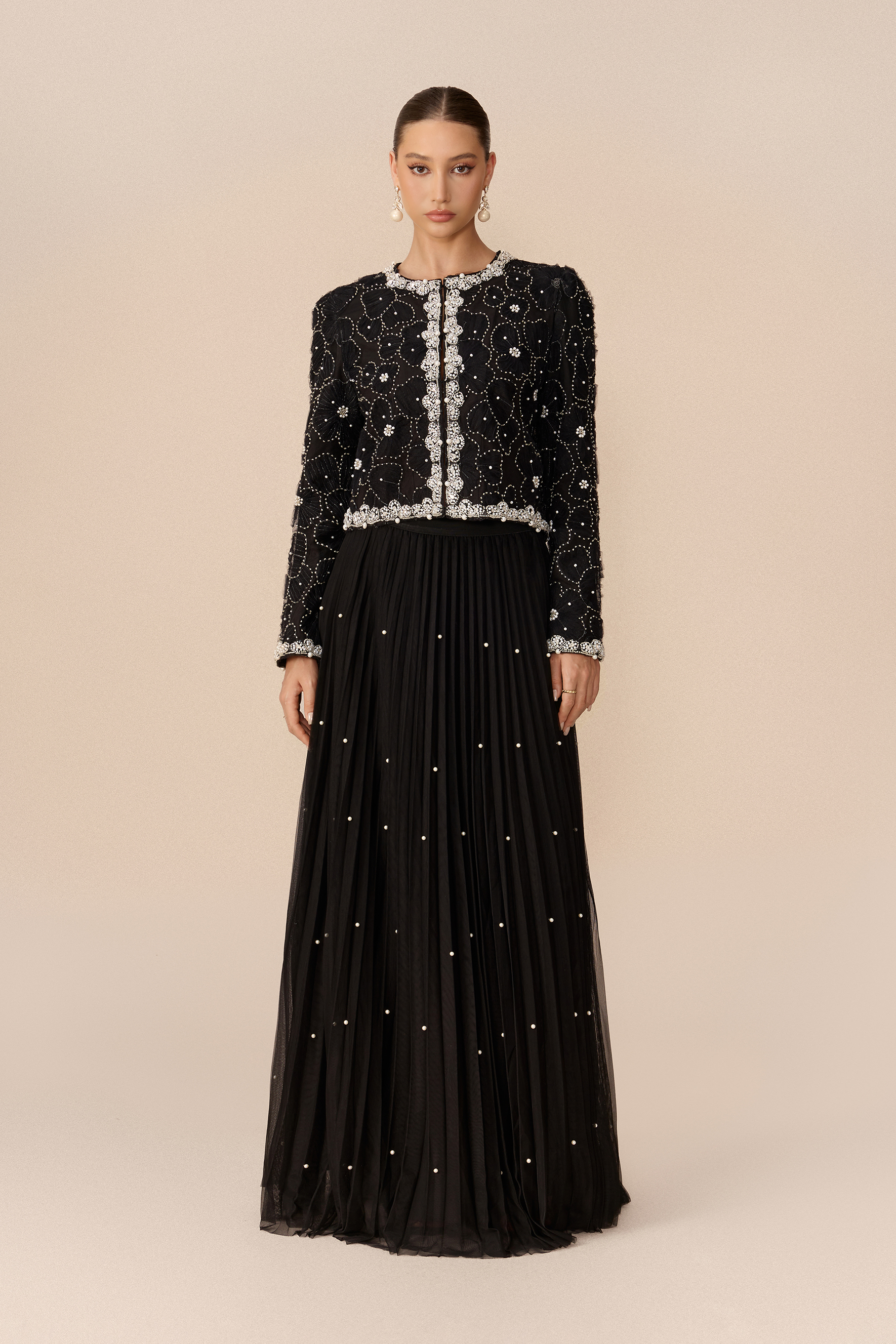 Memorable Night Black Embellished Cropped Jacket & Pleated Skirt Set