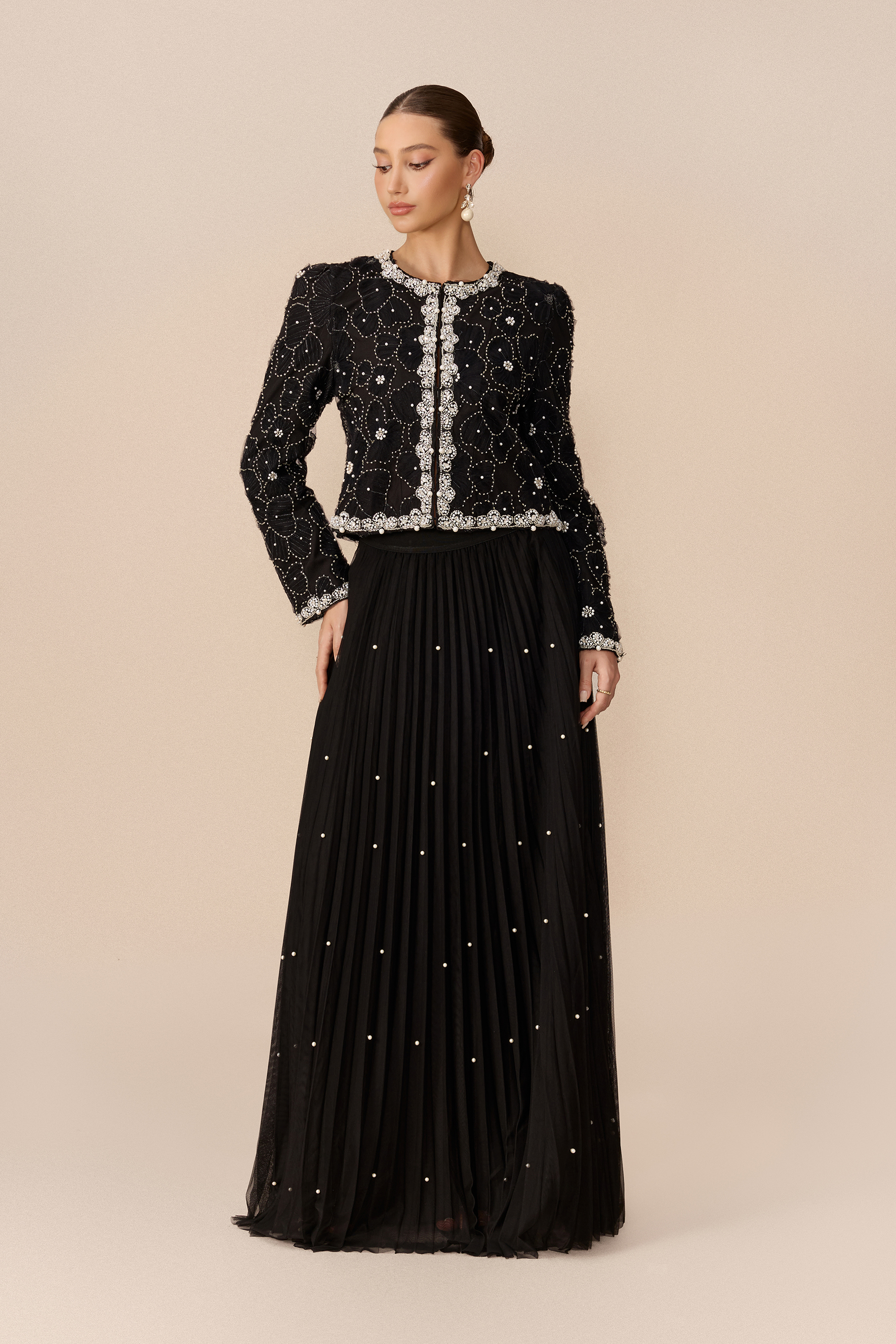 Memorable Night Black Embellished Cropped Jacket & Pleated Skirt Set