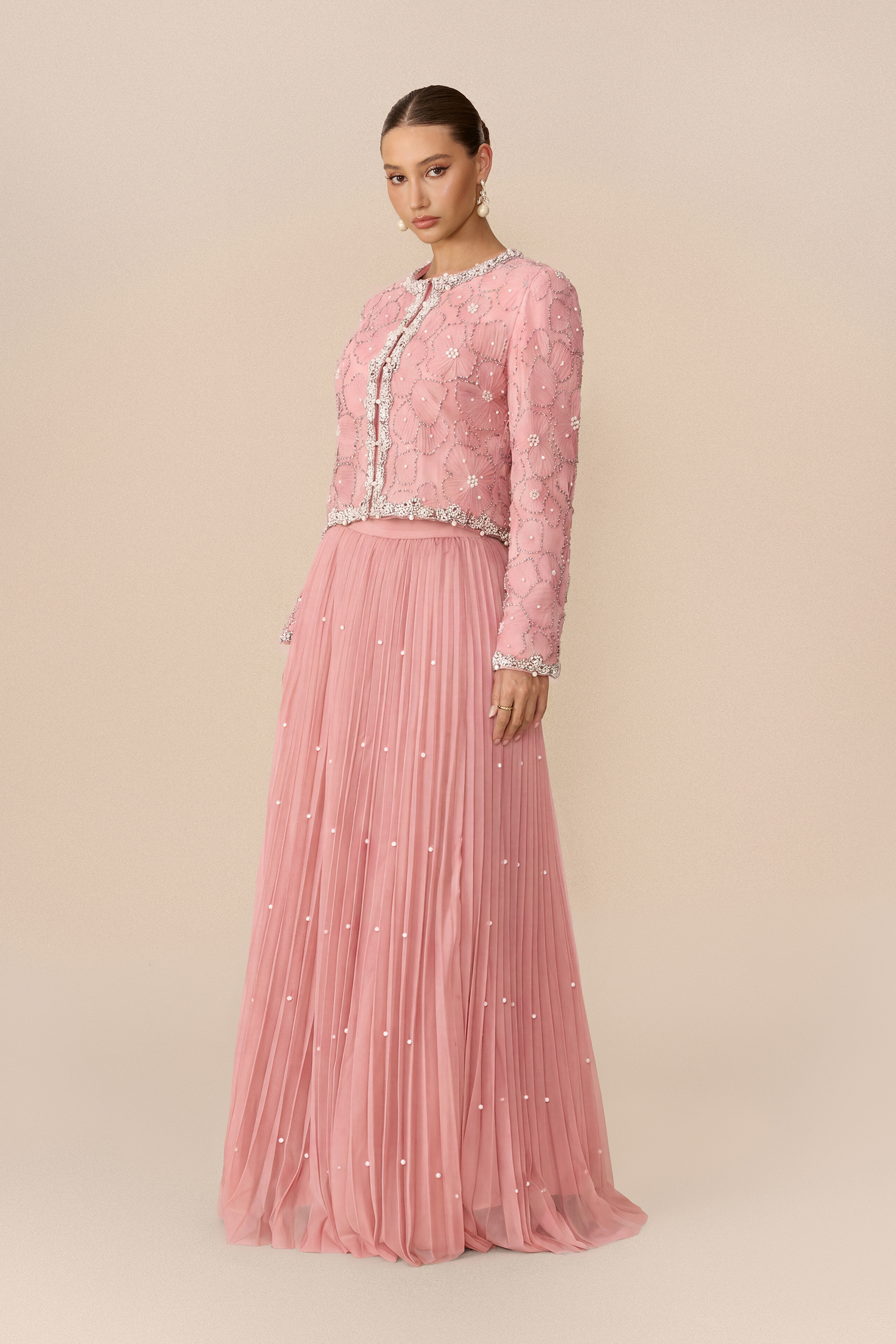 Memorable Night Embellished Cropped Jacket & Pleated Skirt Set
