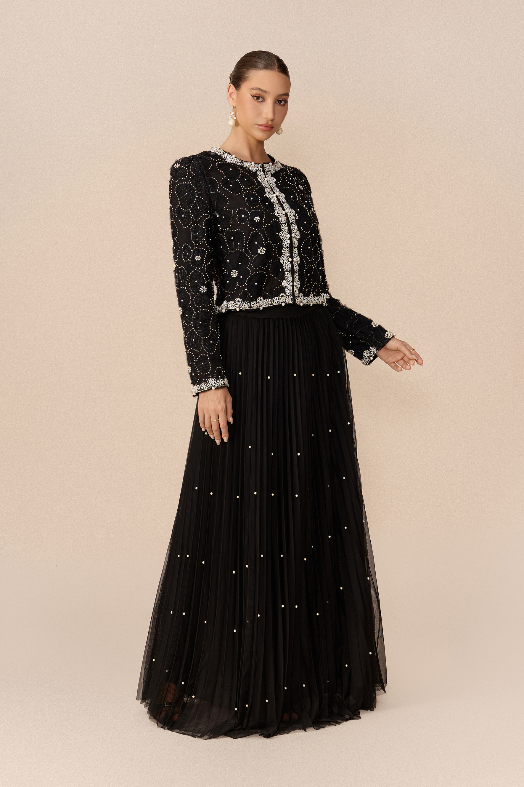 Memorable Night Black Embellished Cropped Jacket & Pleated Skirt Set