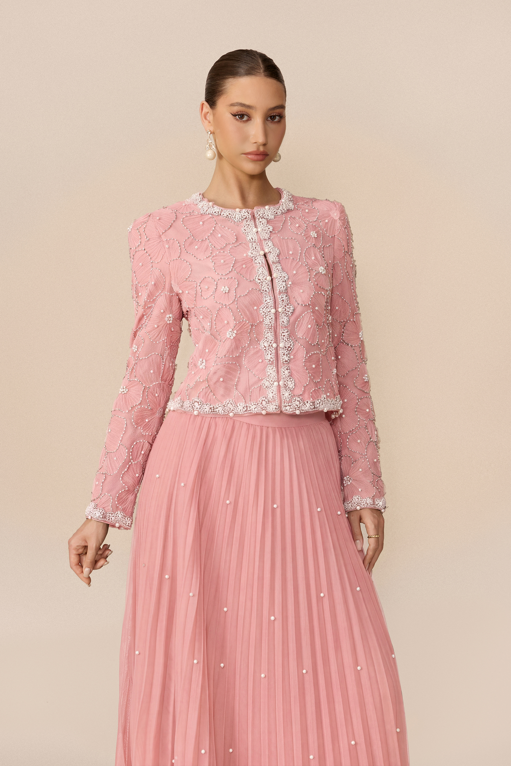 Memorable Night Embellished Cropped Jacket & Pleated Skirt Set