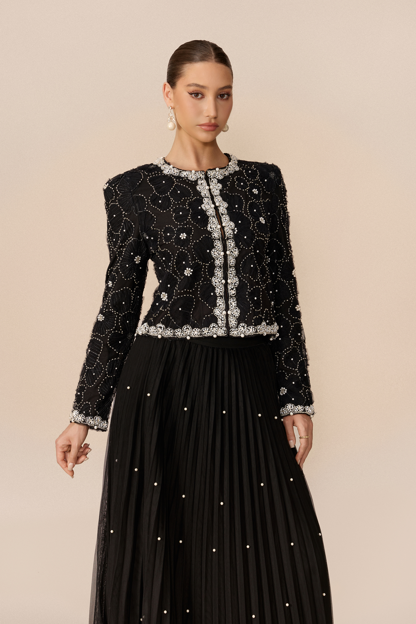 Memorable Night Black Embellished Cropped Jacket & Pleated Skirt Set