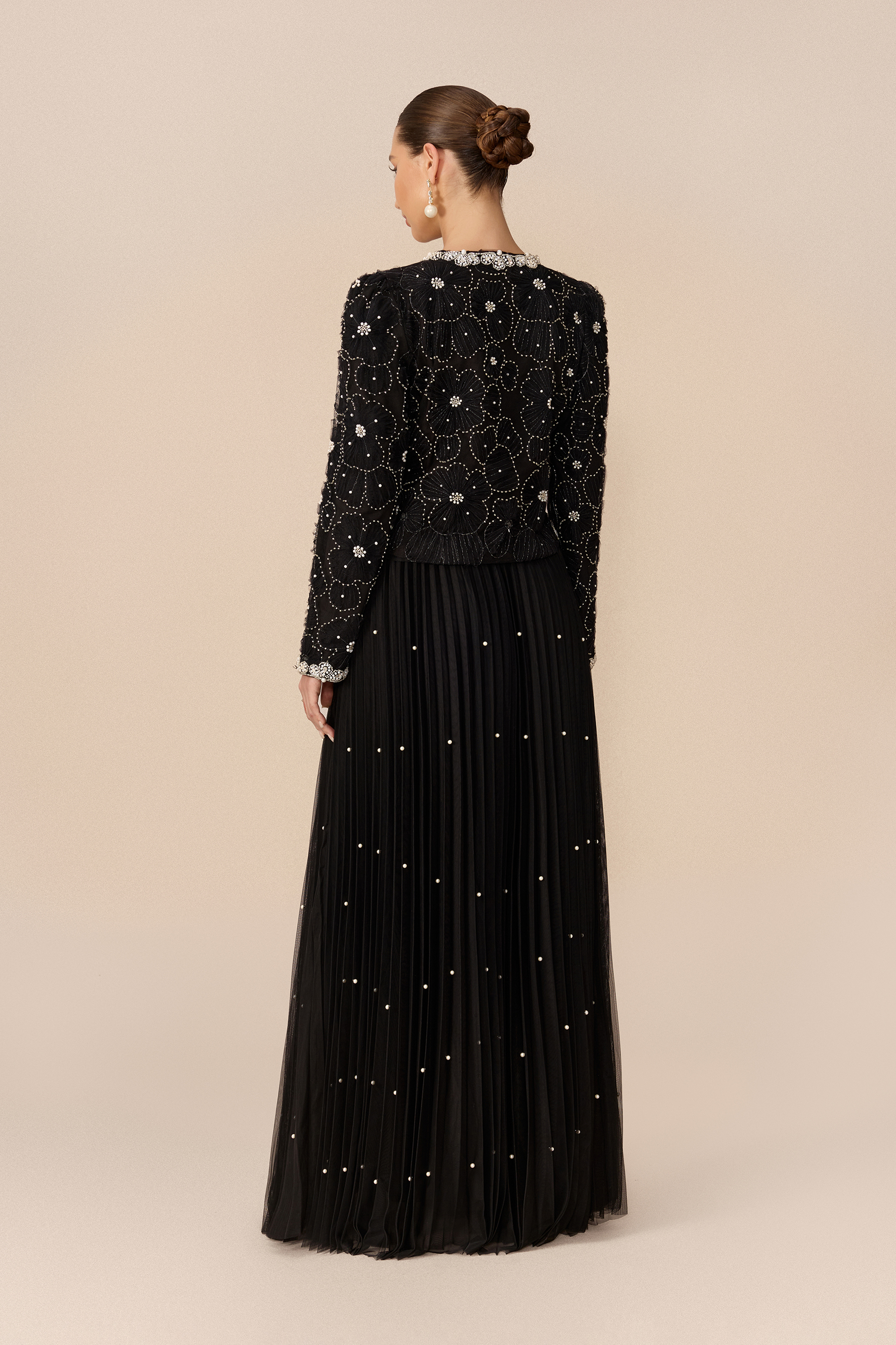Memorable Night Black Embellished Cropped Jacket & Pleated Skirt Set