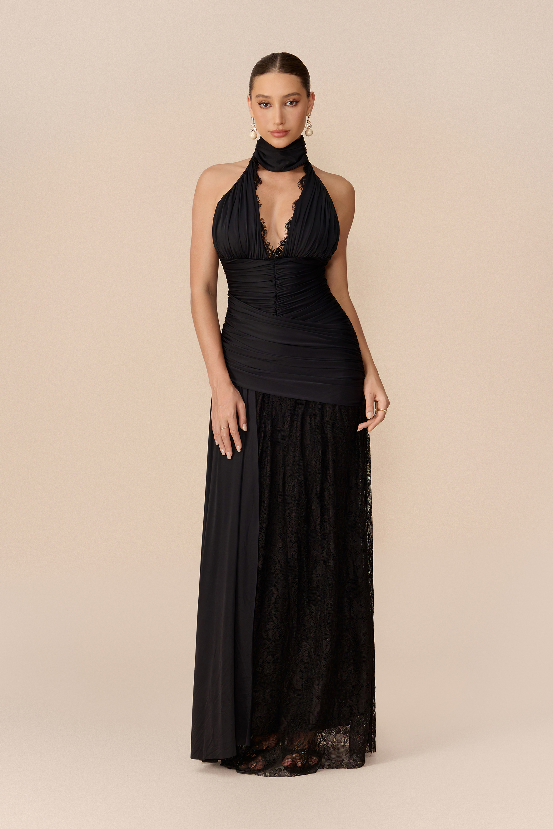 Unforgettable Look Black Deep V Neck Ruched Maxi Dress