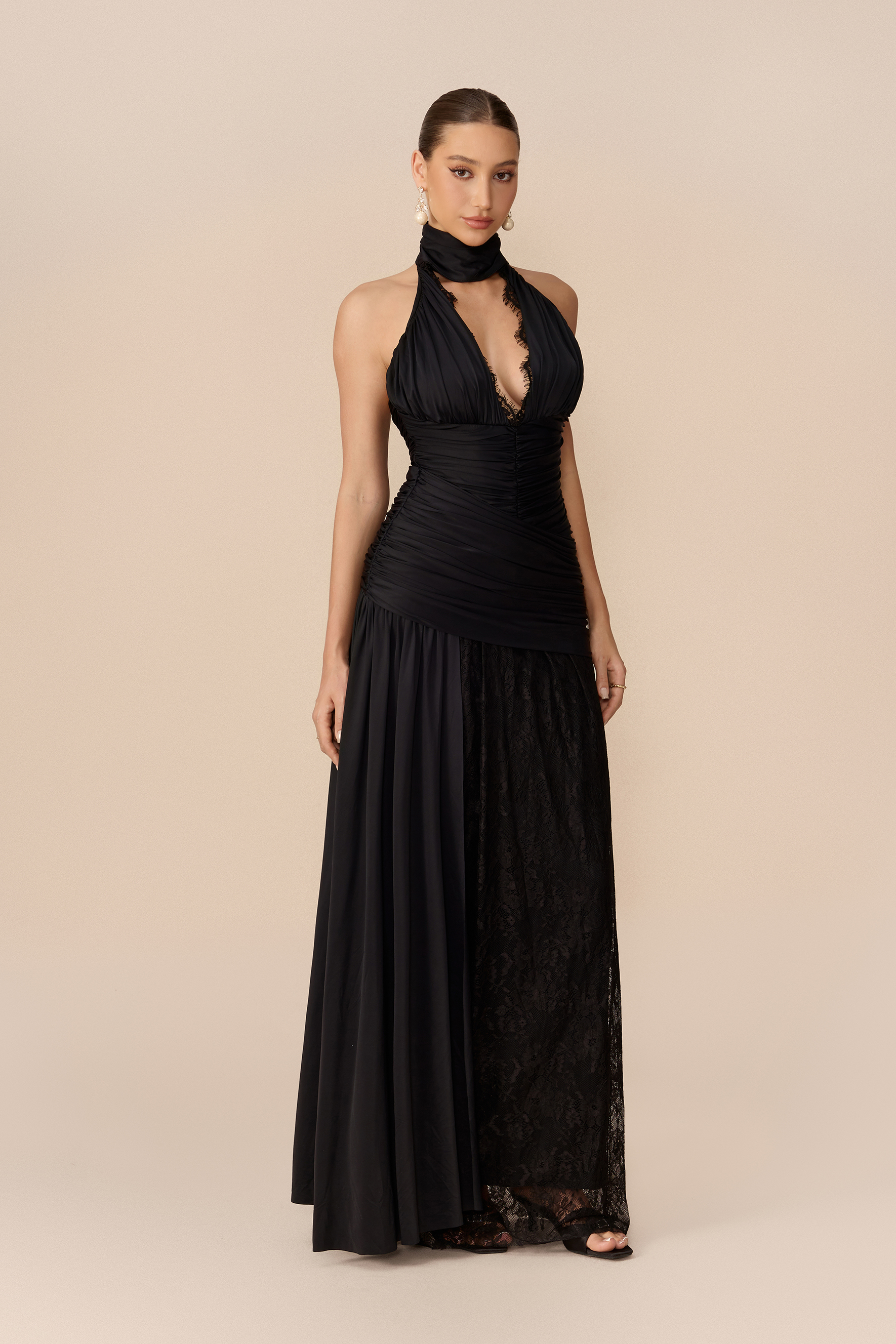 Unforgettable Look Black Deep V Neck Ruched Maxi Dress