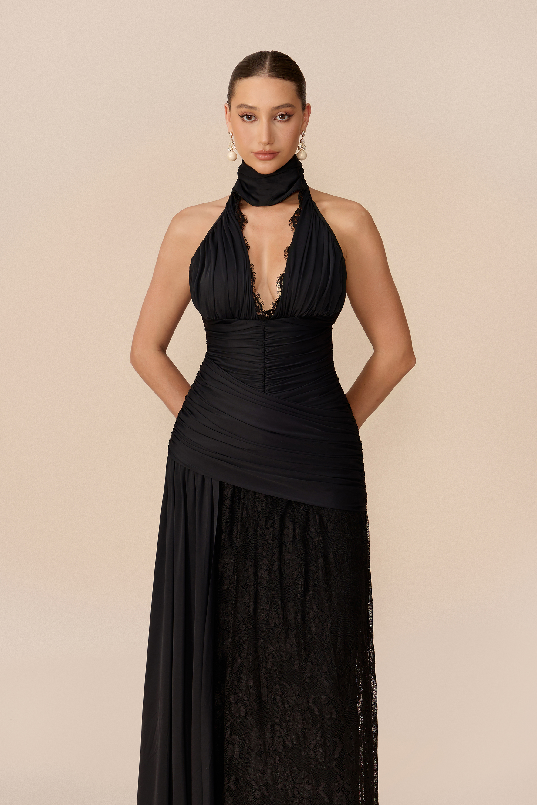 Unforgettable Look Black Deep V Neck Ruched Maxi Dress