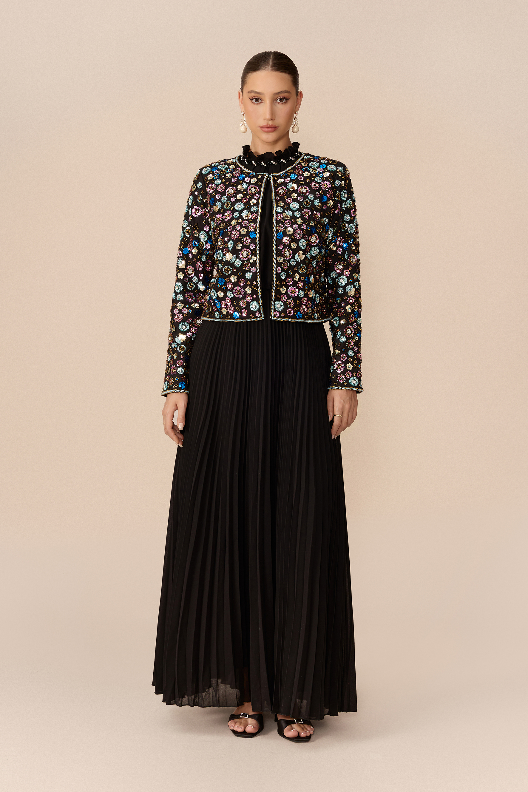 Modest Glamour Black Embellished Cropped Jacket & Pleated Dress Set