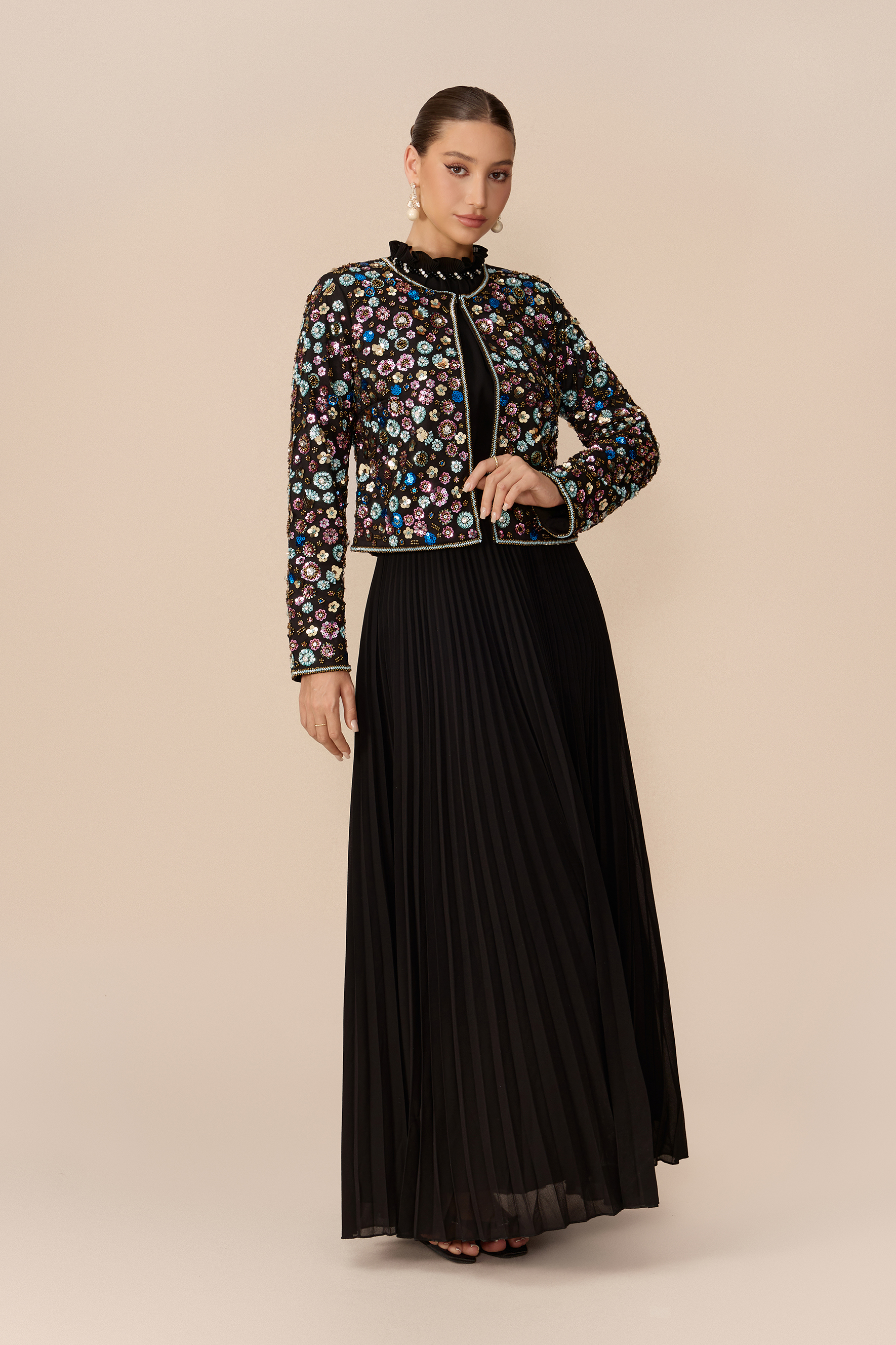 Modest Glamour Black Embellished Cropped Jacket & Pleated Dress Set
