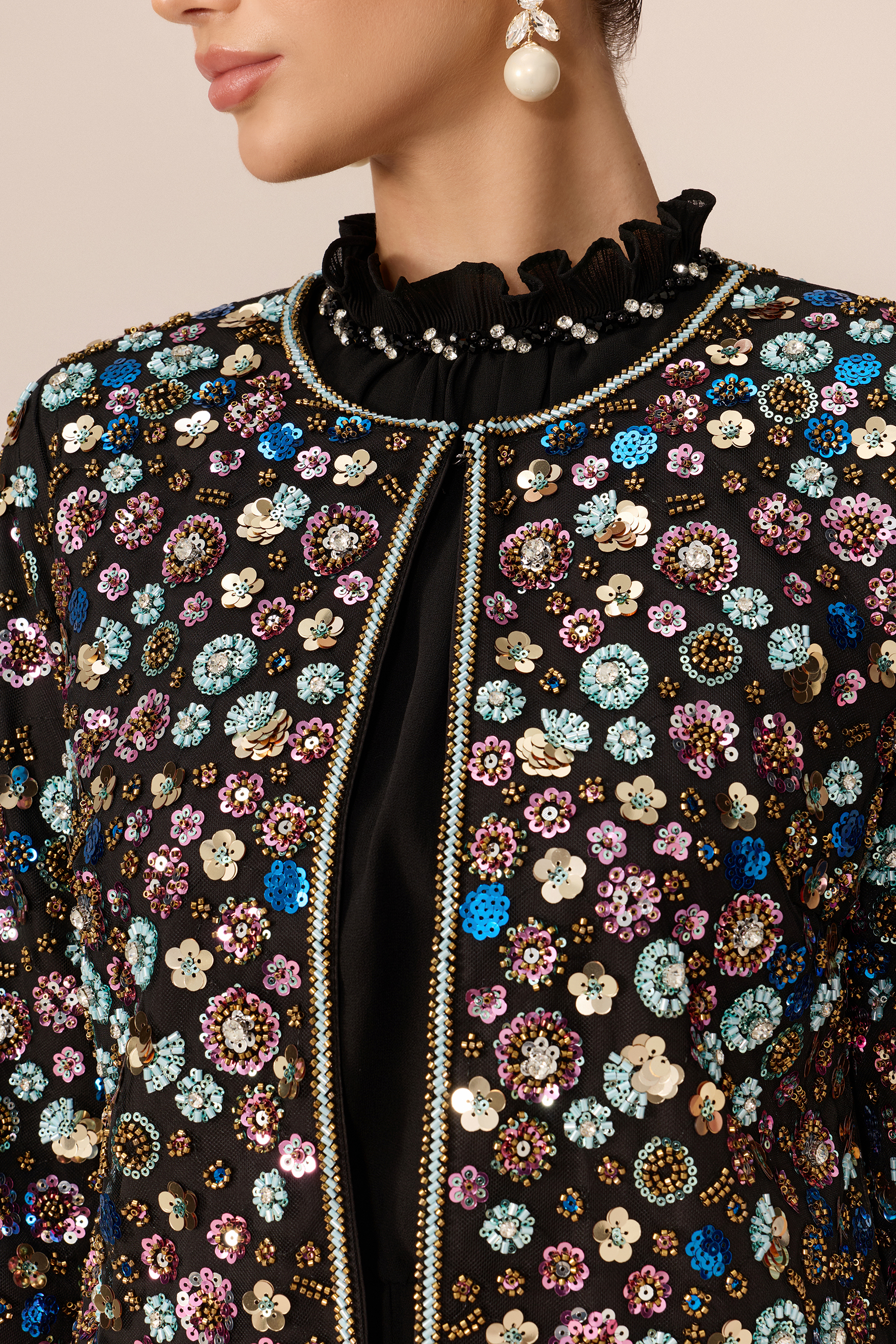 Modest Glamour Black Embellished Cropped Jacket & Pleated Dress Set