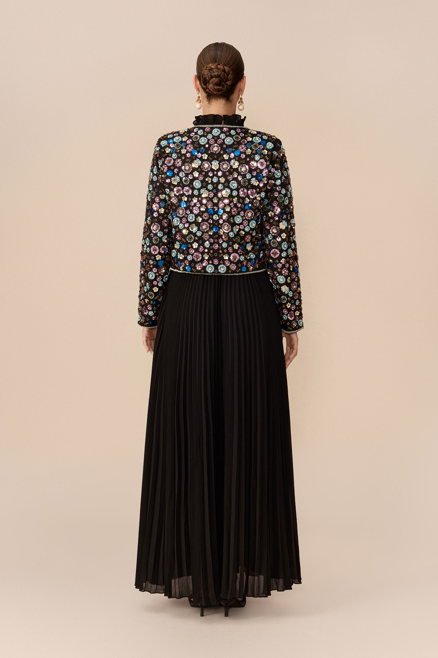 Modest Glamour Black Embellished Cropped Jacket & Pleated Dress Set