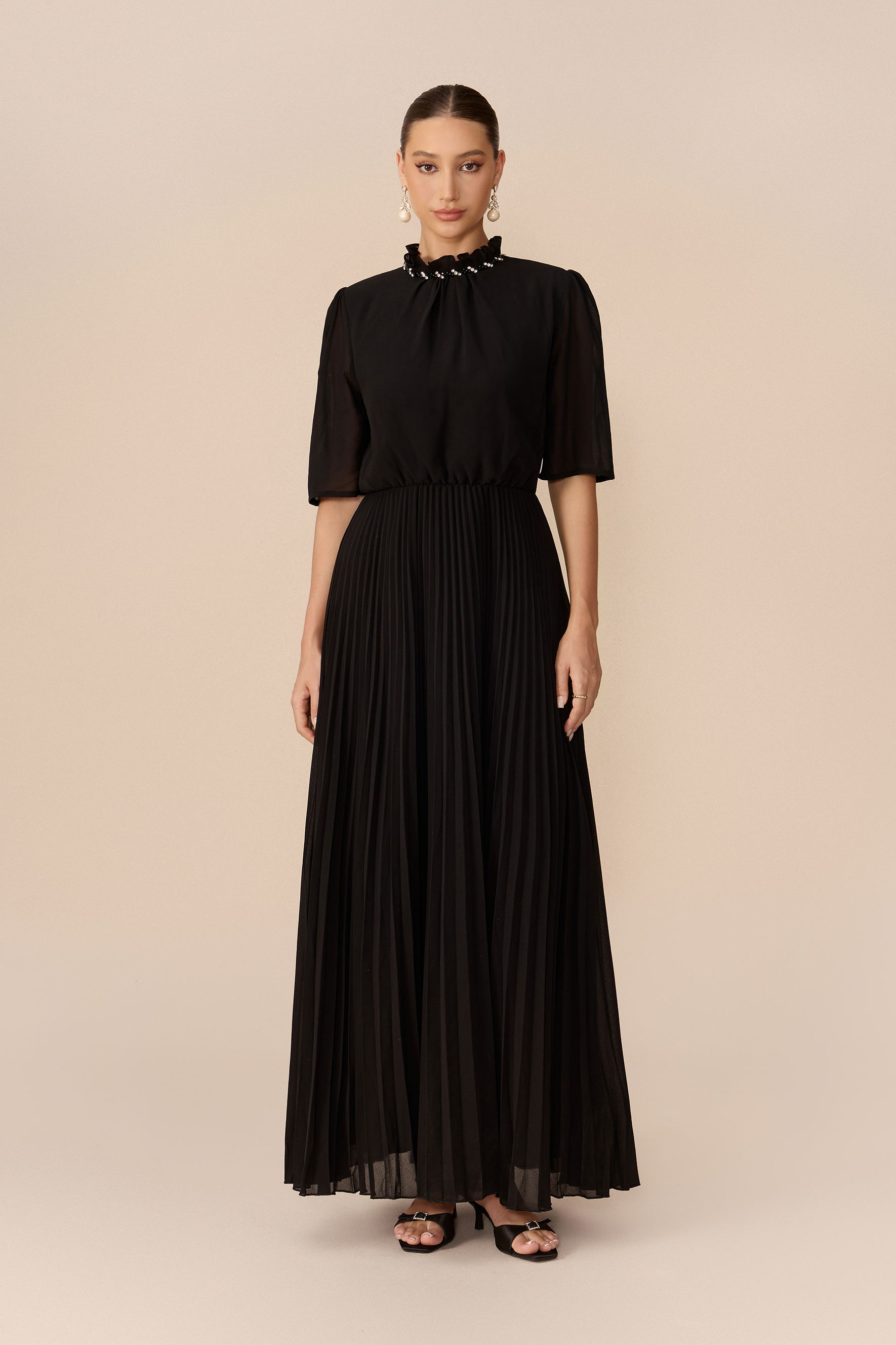 Modest Glamour Black Embellished Cropped Jacket & Pleated Dress Set