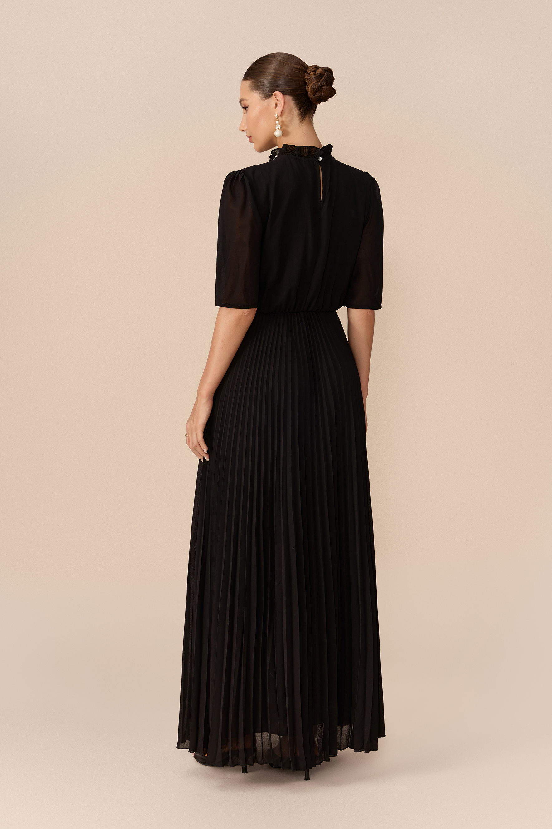 Modest Glamour Black Embellished Cropped Jacket & Pleated Dress Set
