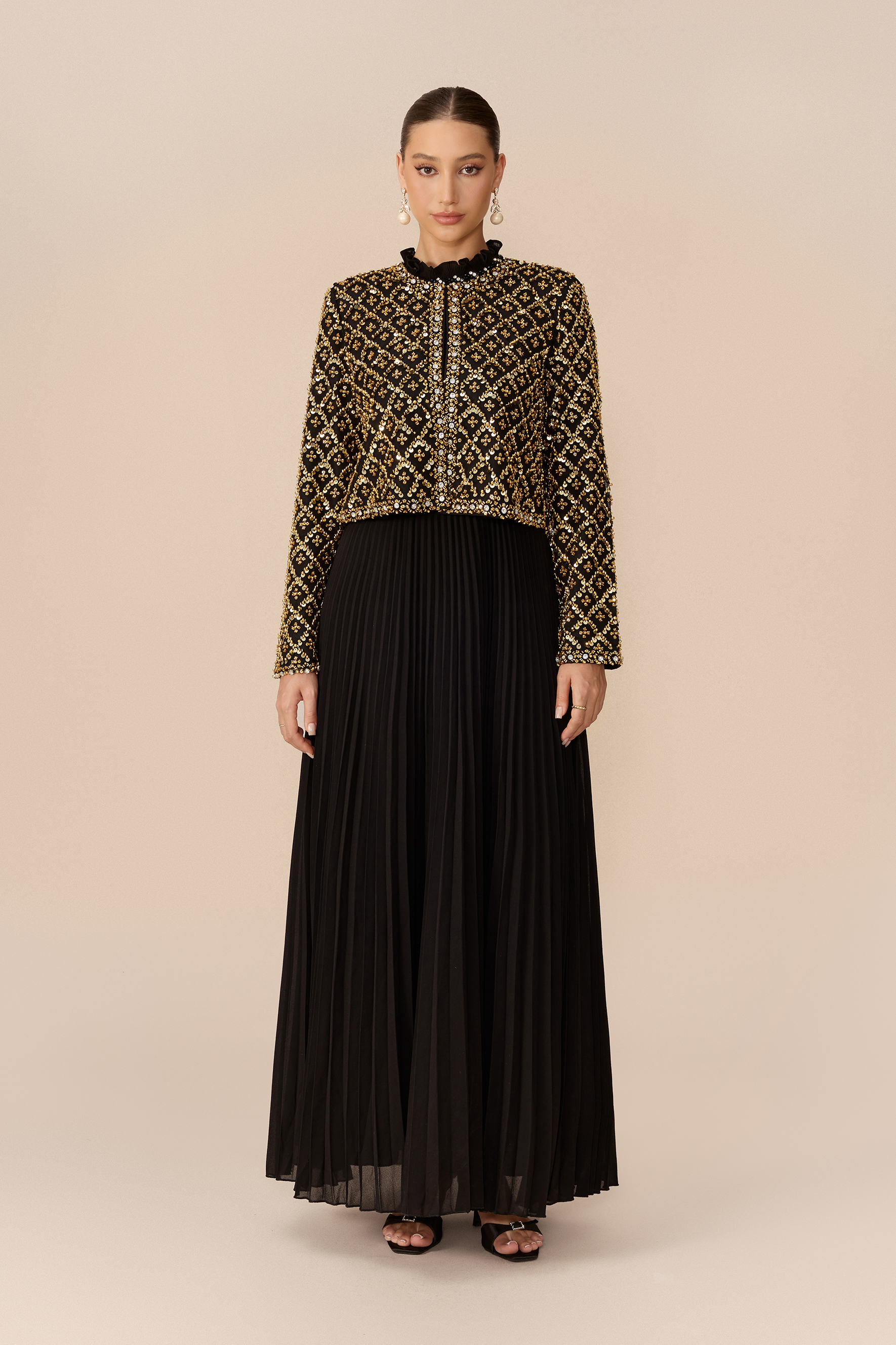 Luxury Feel Black Beaded Embellished Jacket & Pleated Dress Set