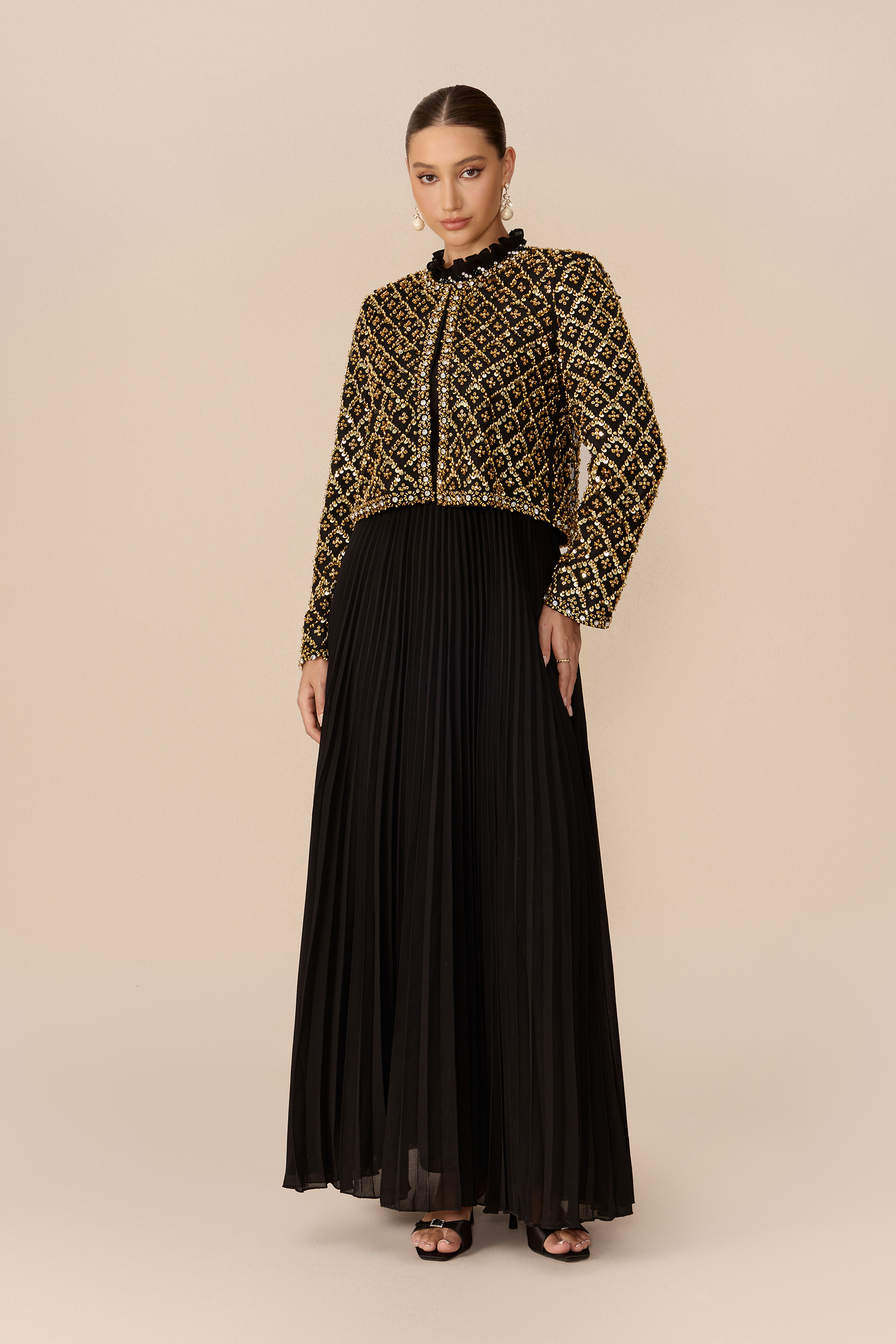 Luxury Feel Black Beaded Embellished Jacket & Pleated Dress Set
