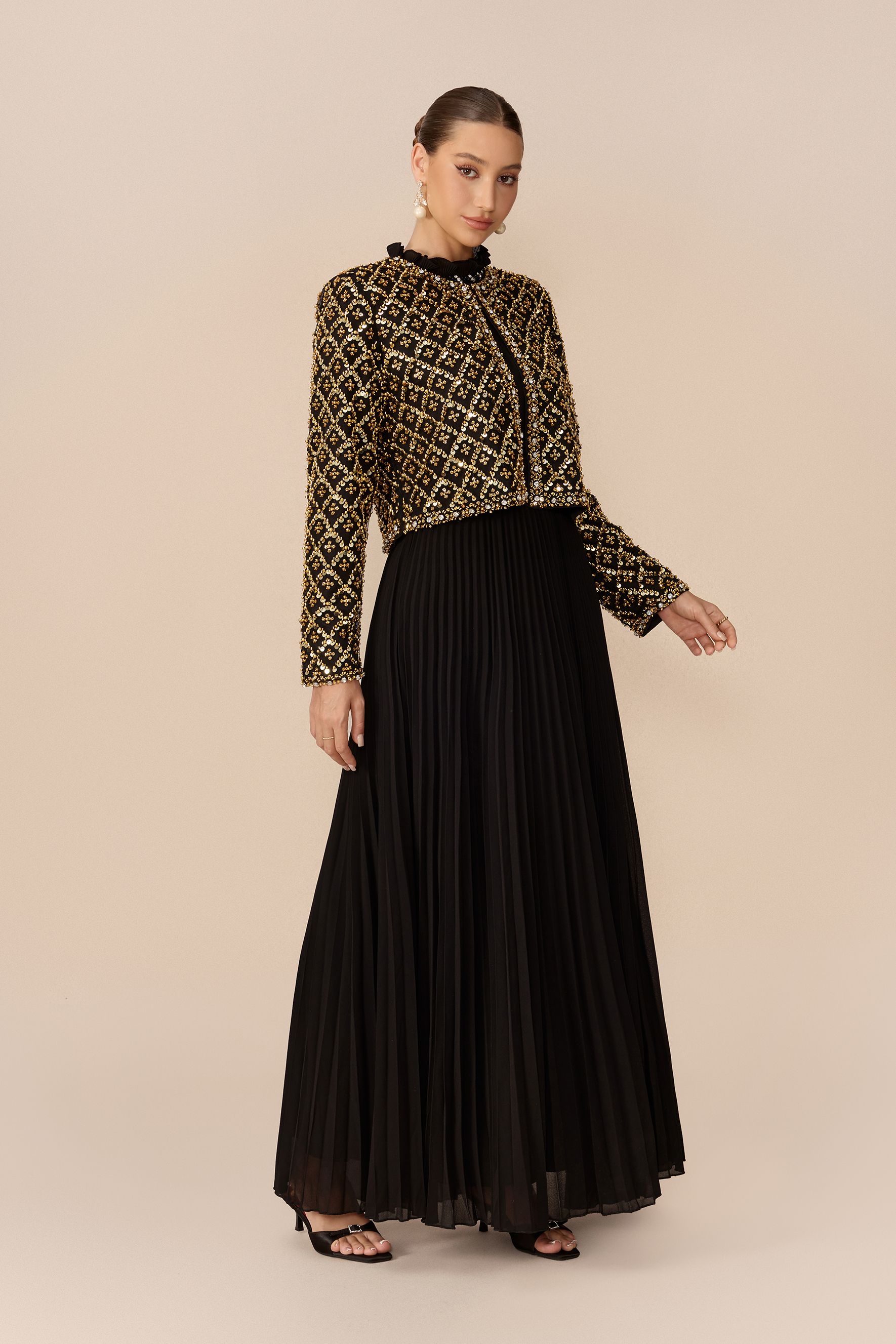 Luxury Feel Black Beaded Embellished Jacket & Pleated Dress Set