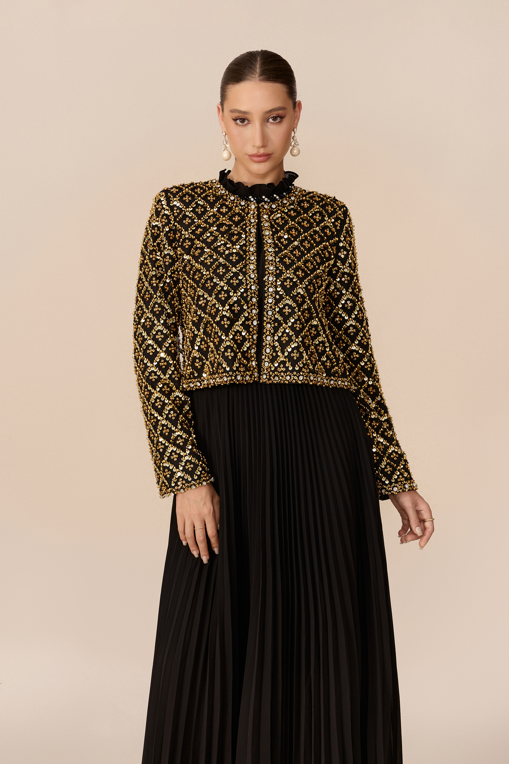 Luxury Feel Black Beaded Embellished Jacket & Pleated Dress Set