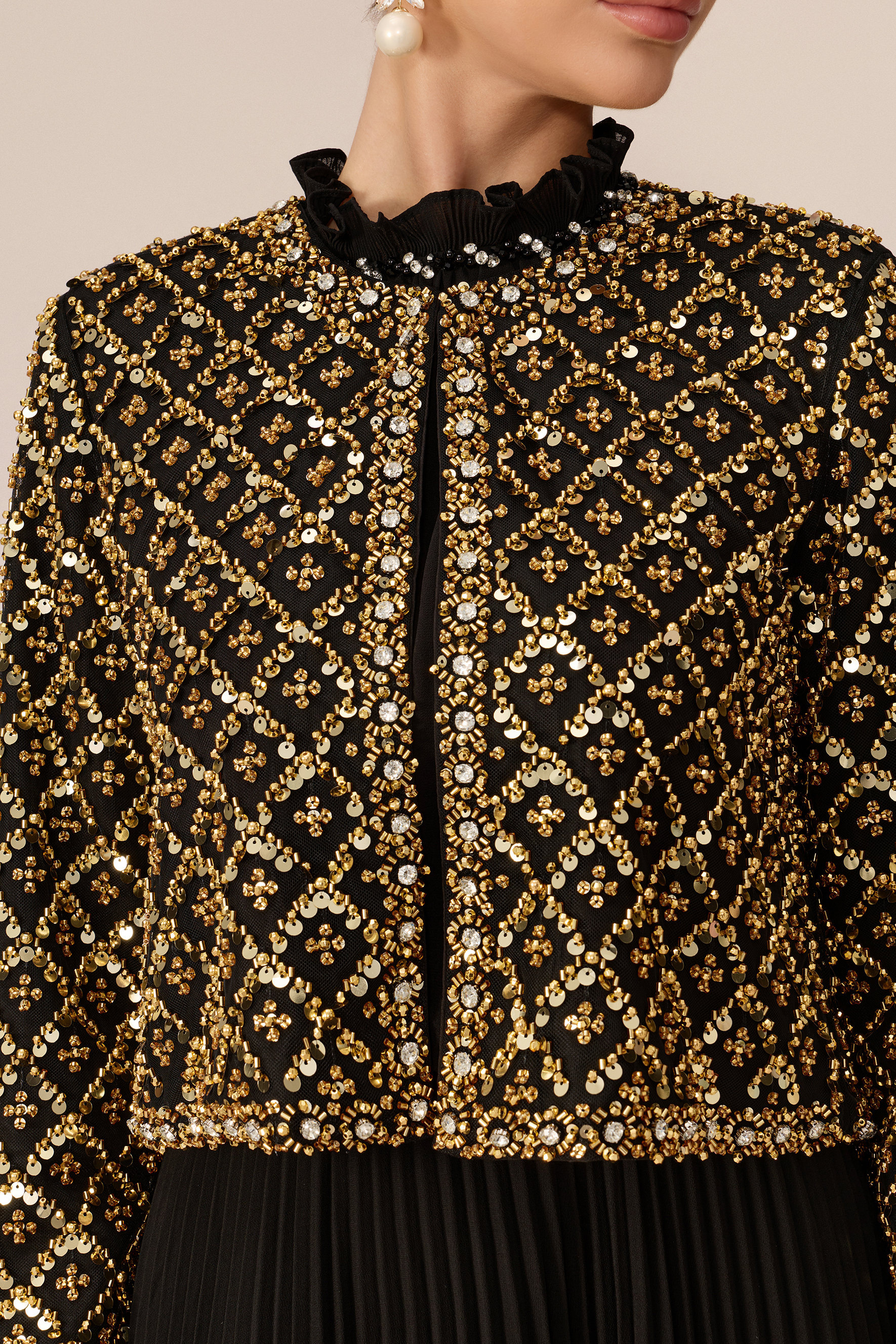 Luxury Feel Black Beaded Embellished Jacket & Pleated Dress Set