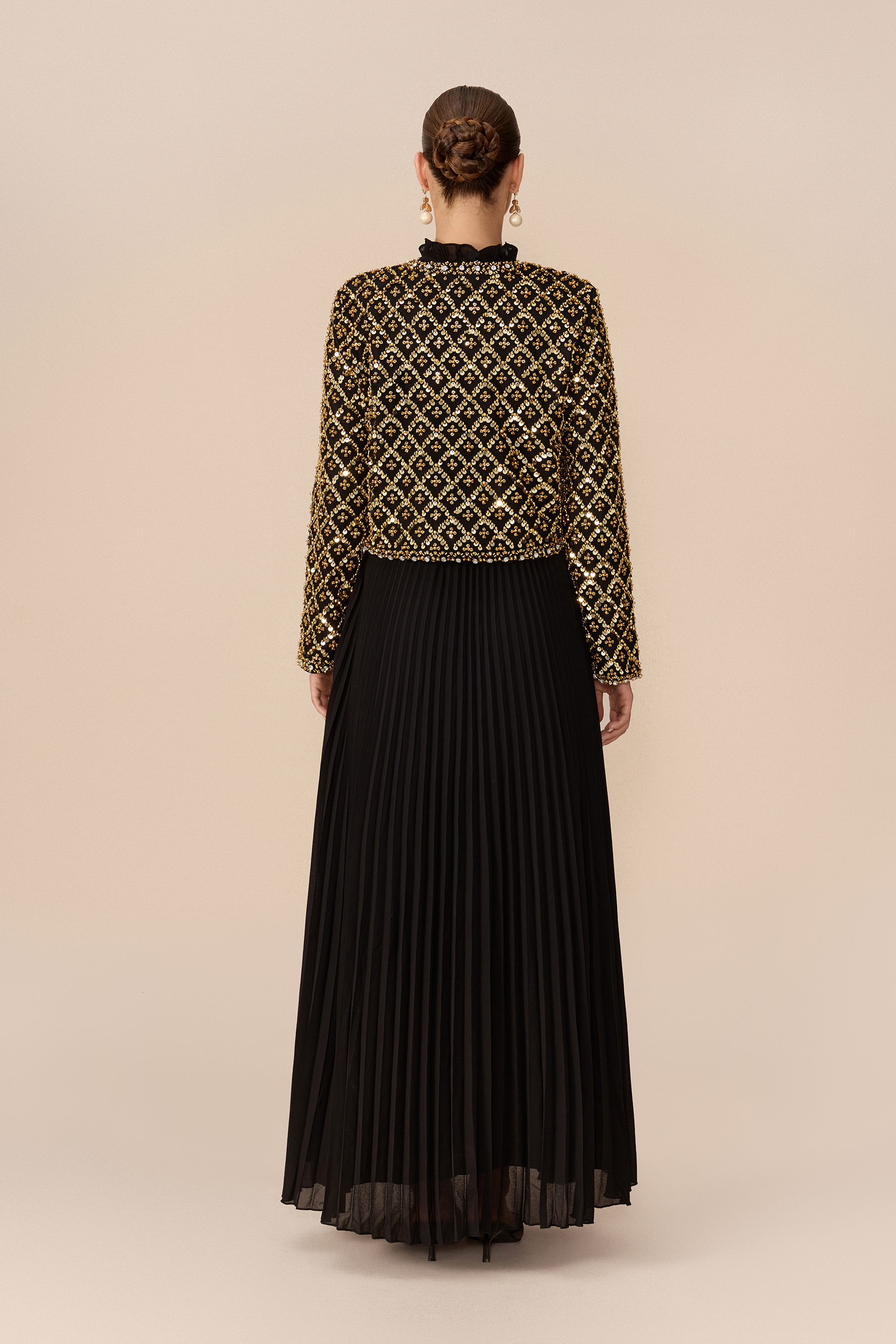 Luxury Feel Black Beaded Embellished Jacket & Pleated Dress Set