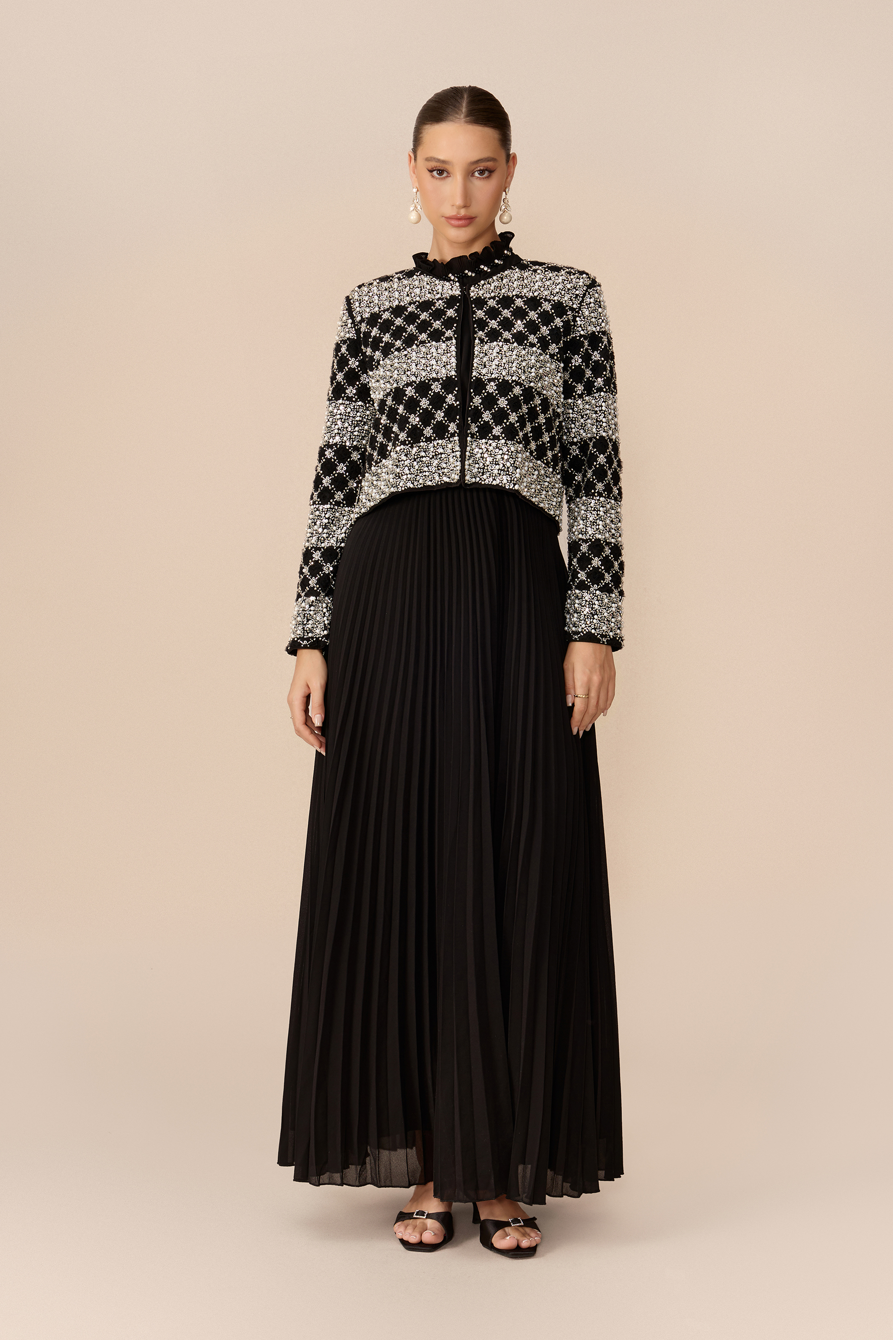 Poised Beauty Black Embellished Pattern Jacket & Pleated Dress Set