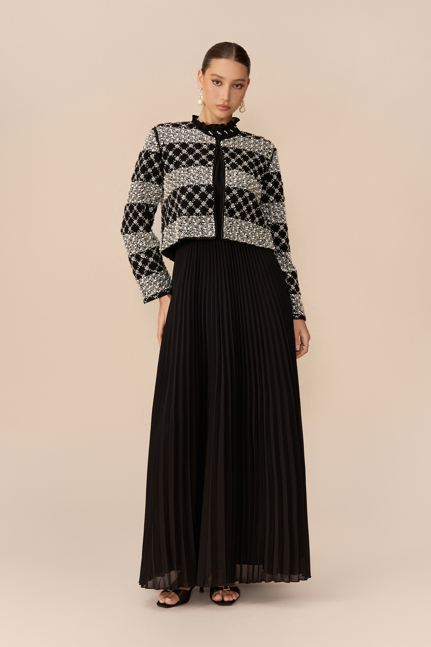 Poised Beauty Black Embellished Pattern Jacket & Pleated Dress Set