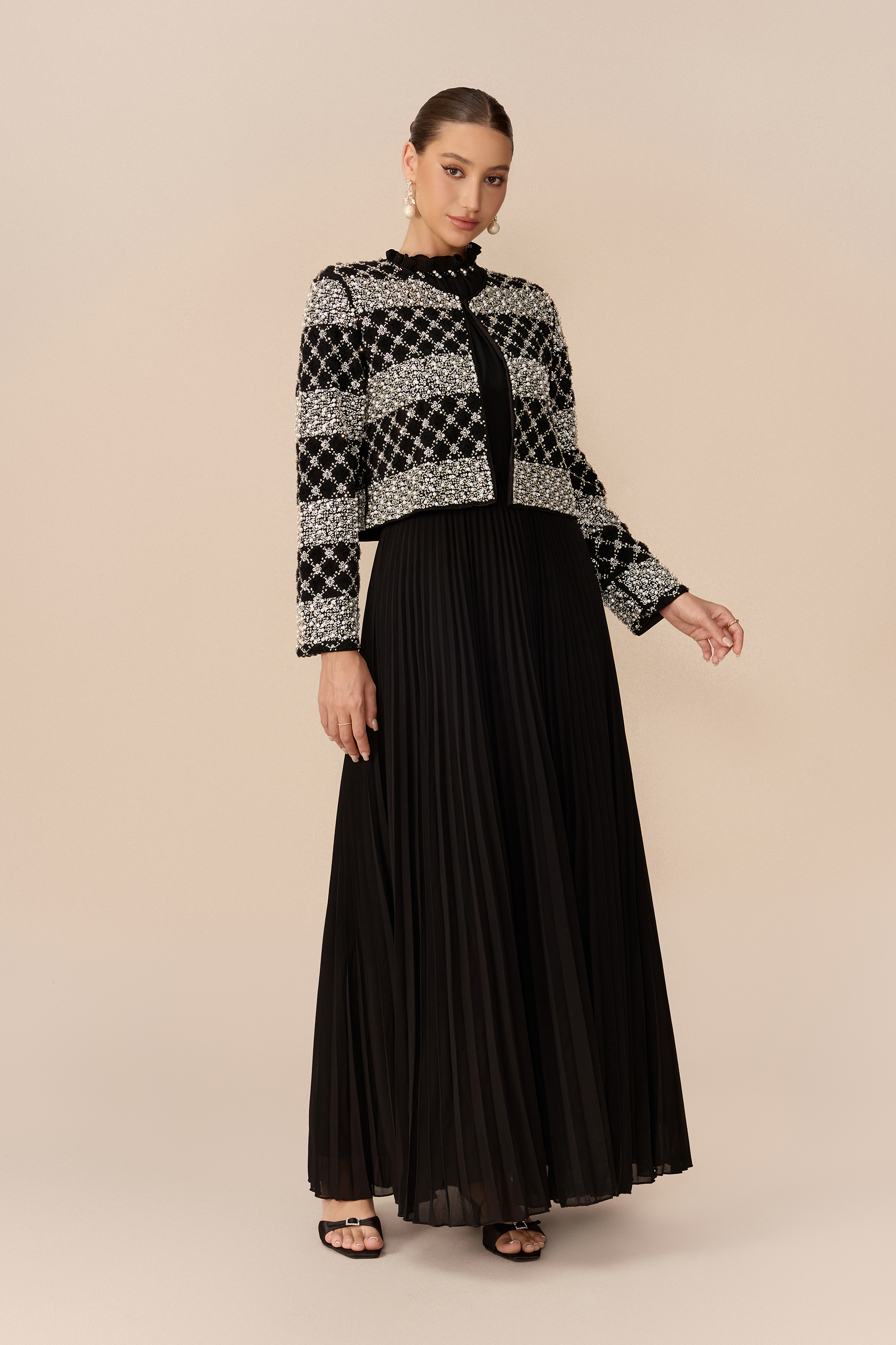 Poised Beauty Black Embellished Pattern Jacket & Pleated Dress Set