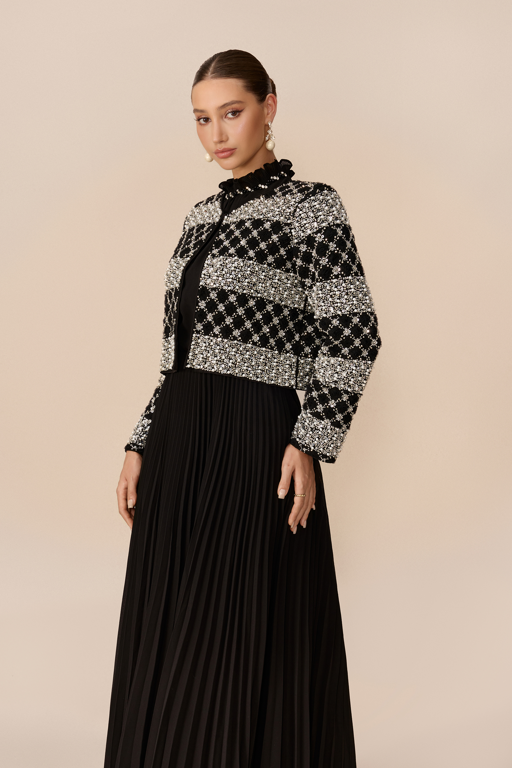 Poised Beauty Black Embellished Pattern Jacket & Pleated Dress Set