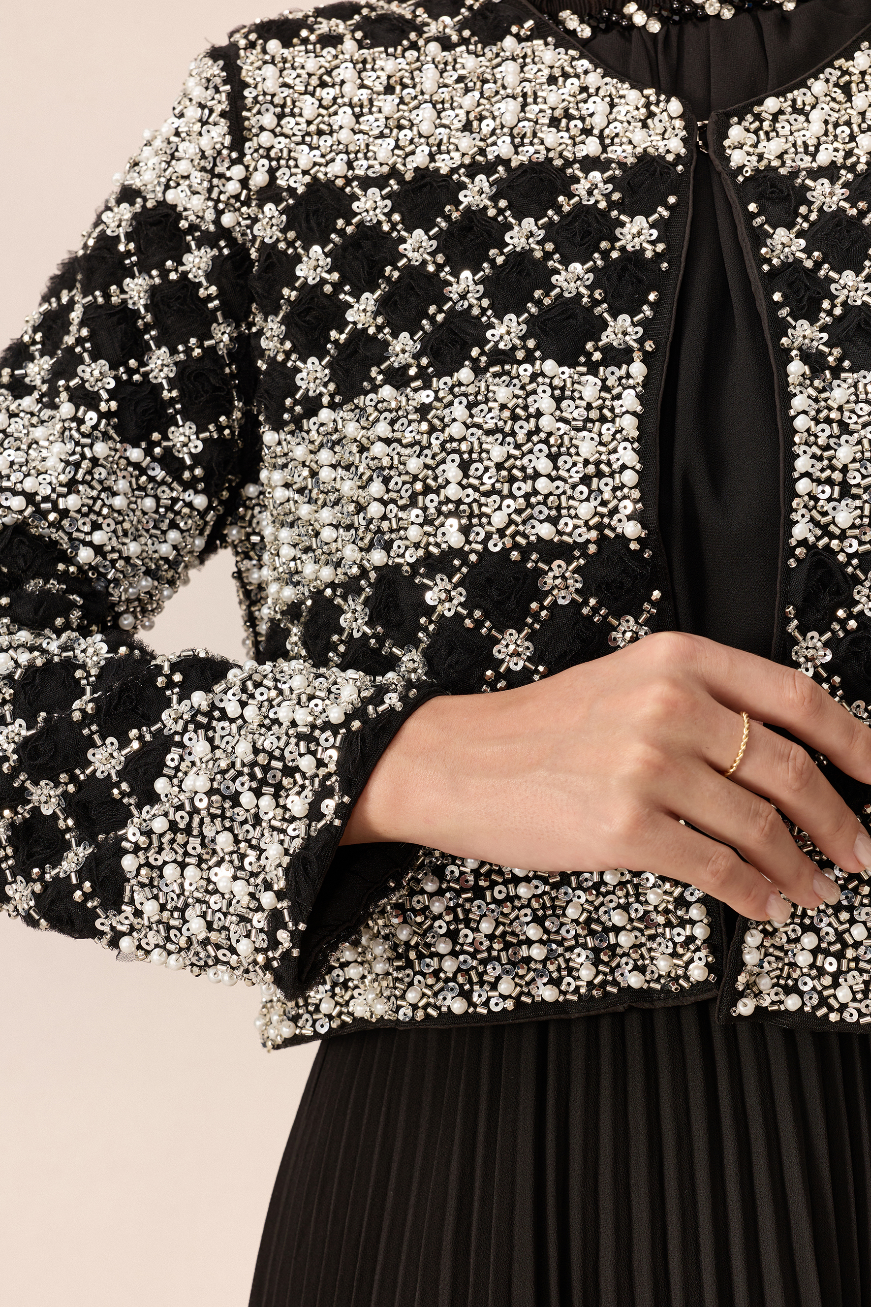 Poised Beauty Black Embellished Pattern Jacket & Pleated Dress Set