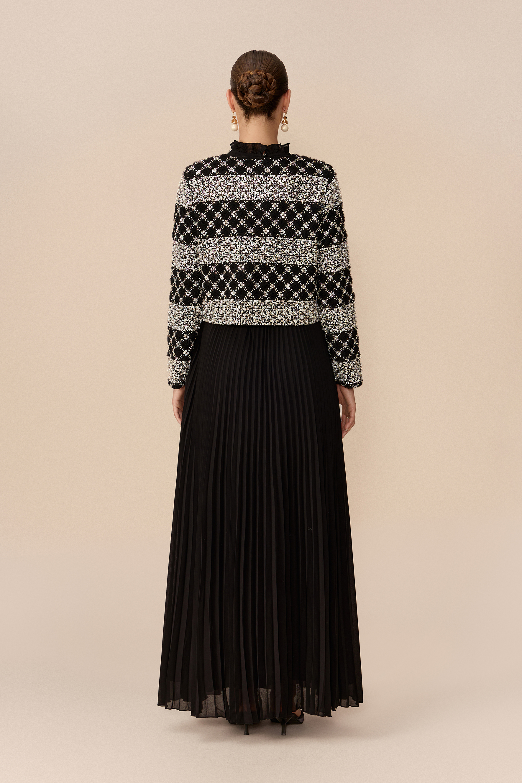 Poised Beauty Black Embellished Pattern Jacket & Pleated Dress Set
