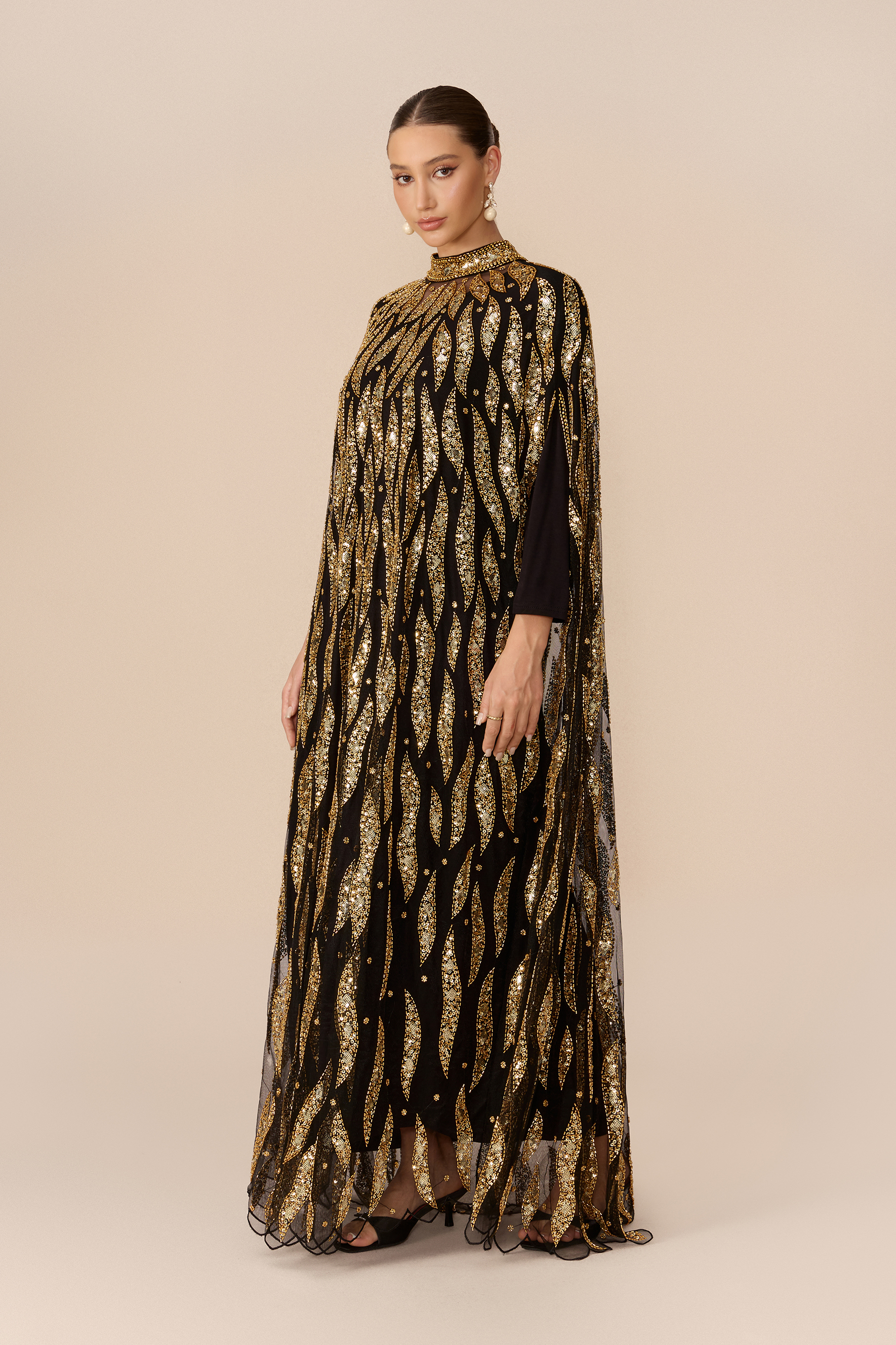 Candlelight Charm Black Sequin Embroidery Cape Sleeve Maxi Dress