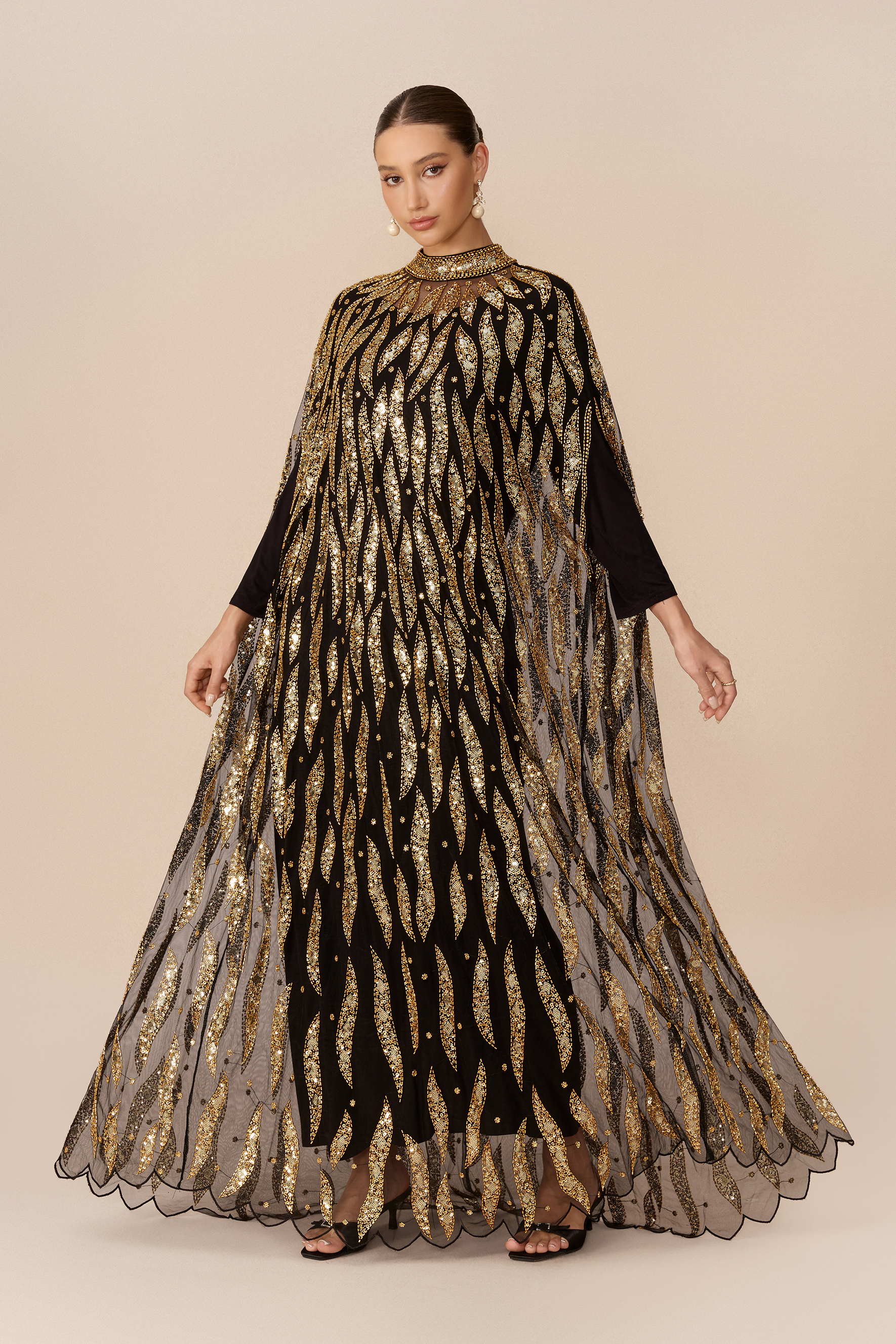 Candlelight Charm Black Sequin Embroidery Cape Sleeve Maxi Dress