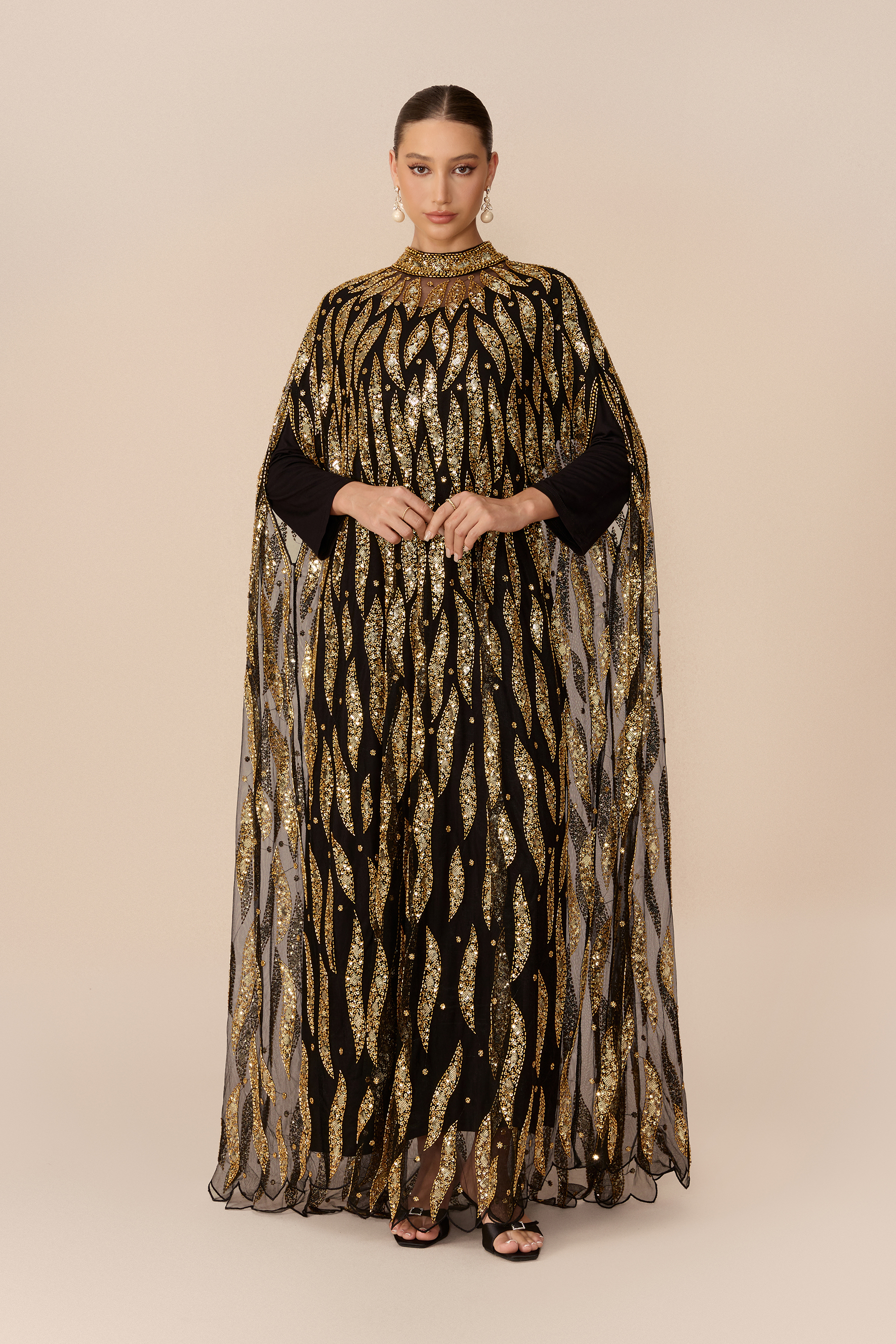Candlelight Charm Black Sequin Embroidery Cape Sleeve Maxi Dress
