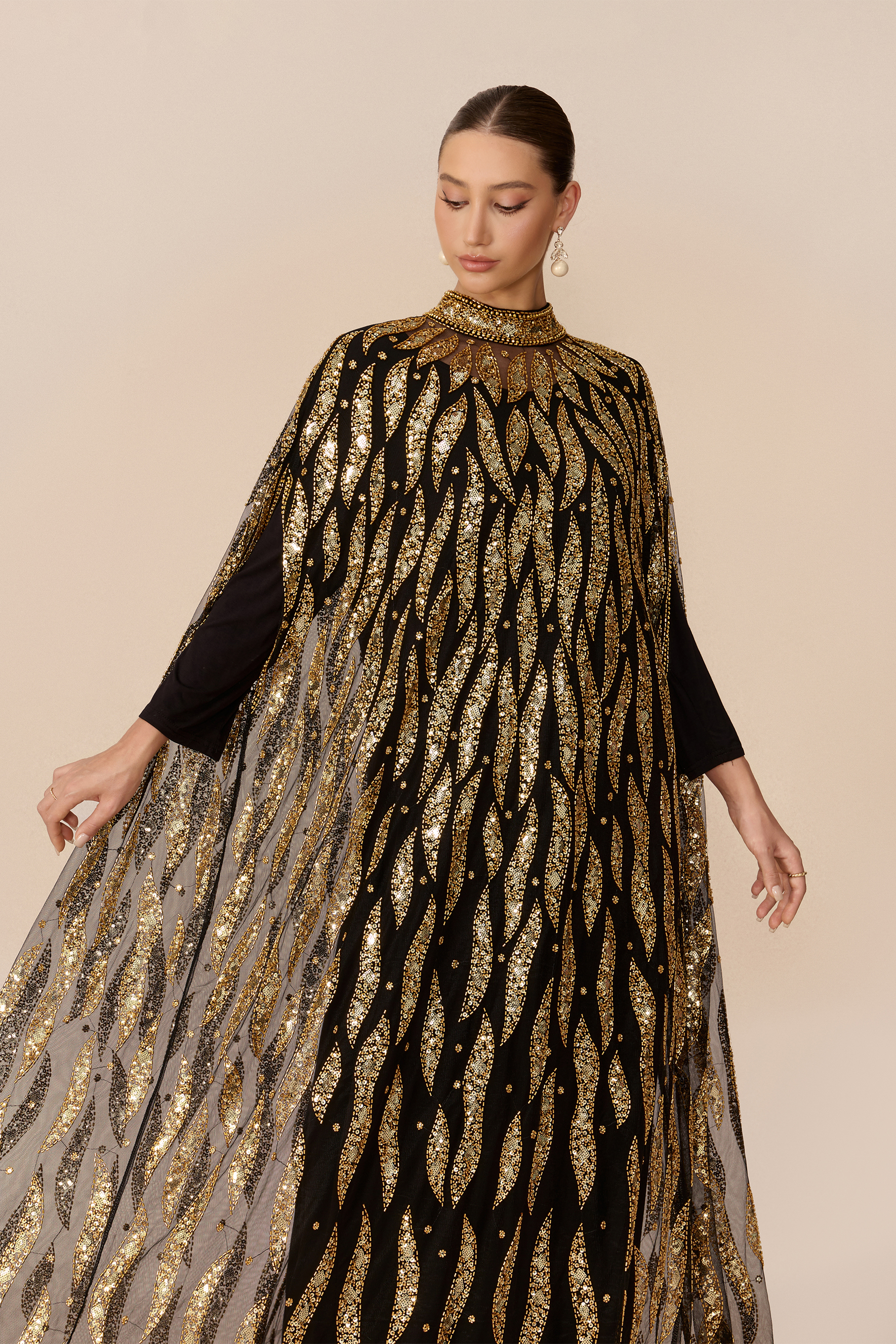 Candlelight Charm Black Sequin Embroidery Cape Sleeve Maxi Dress