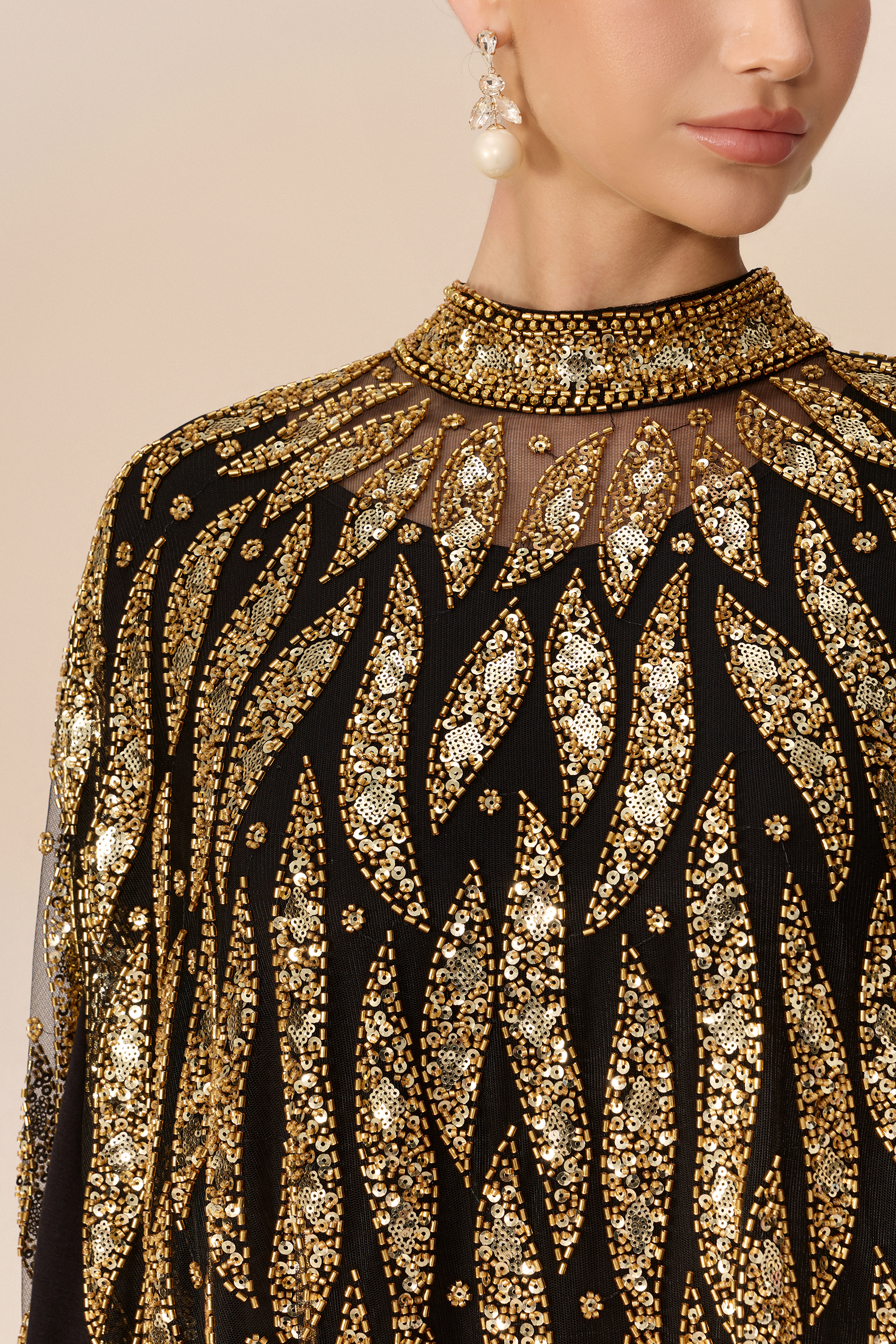 Candlelight Charm Black Sequin Embroidery Cape Sleeve Maxi Dress